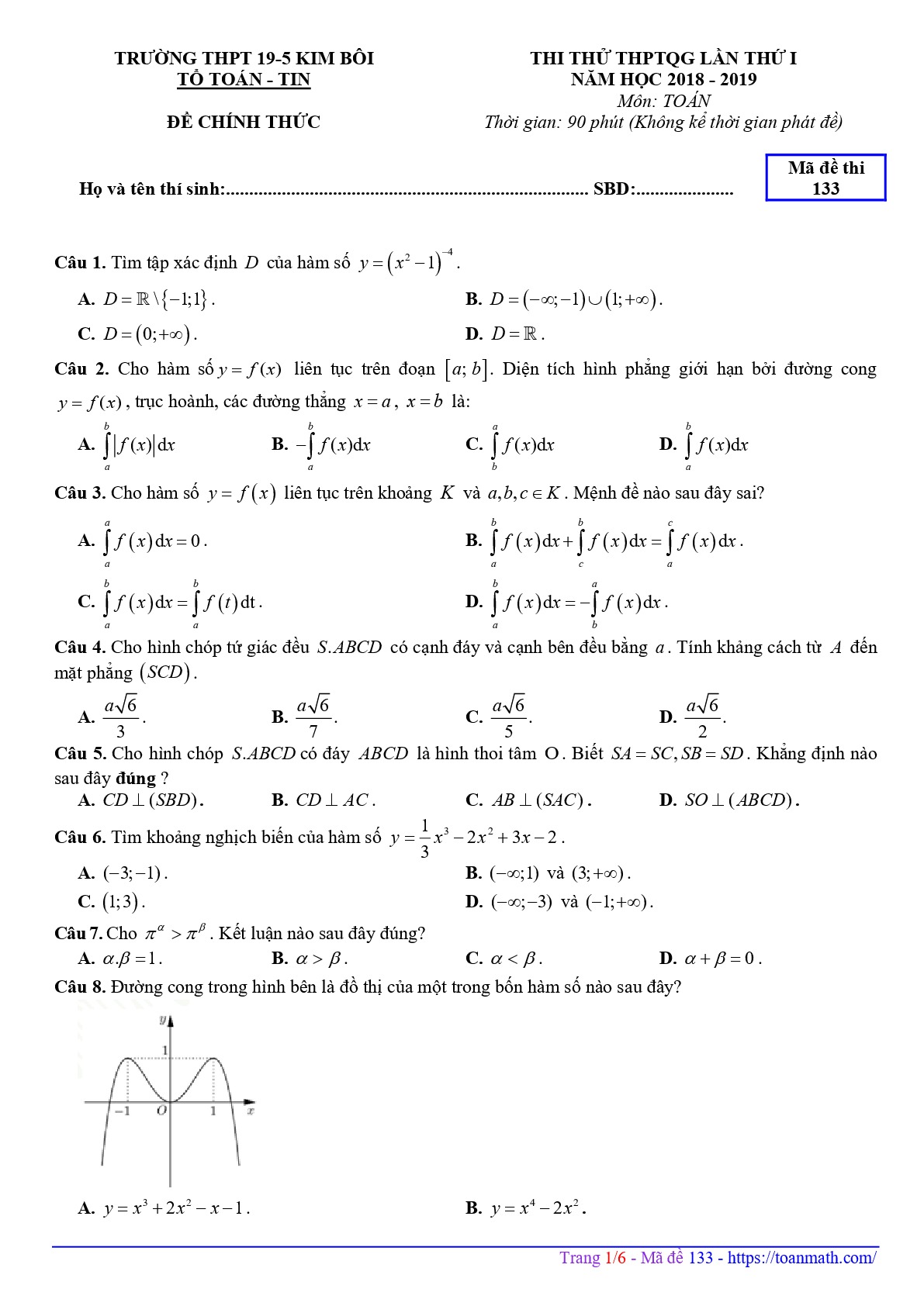 Đề thi thử Toán THPTQG 2019 lần 1 trường THPT 19-5 Kim Bôi – Hòa Bình