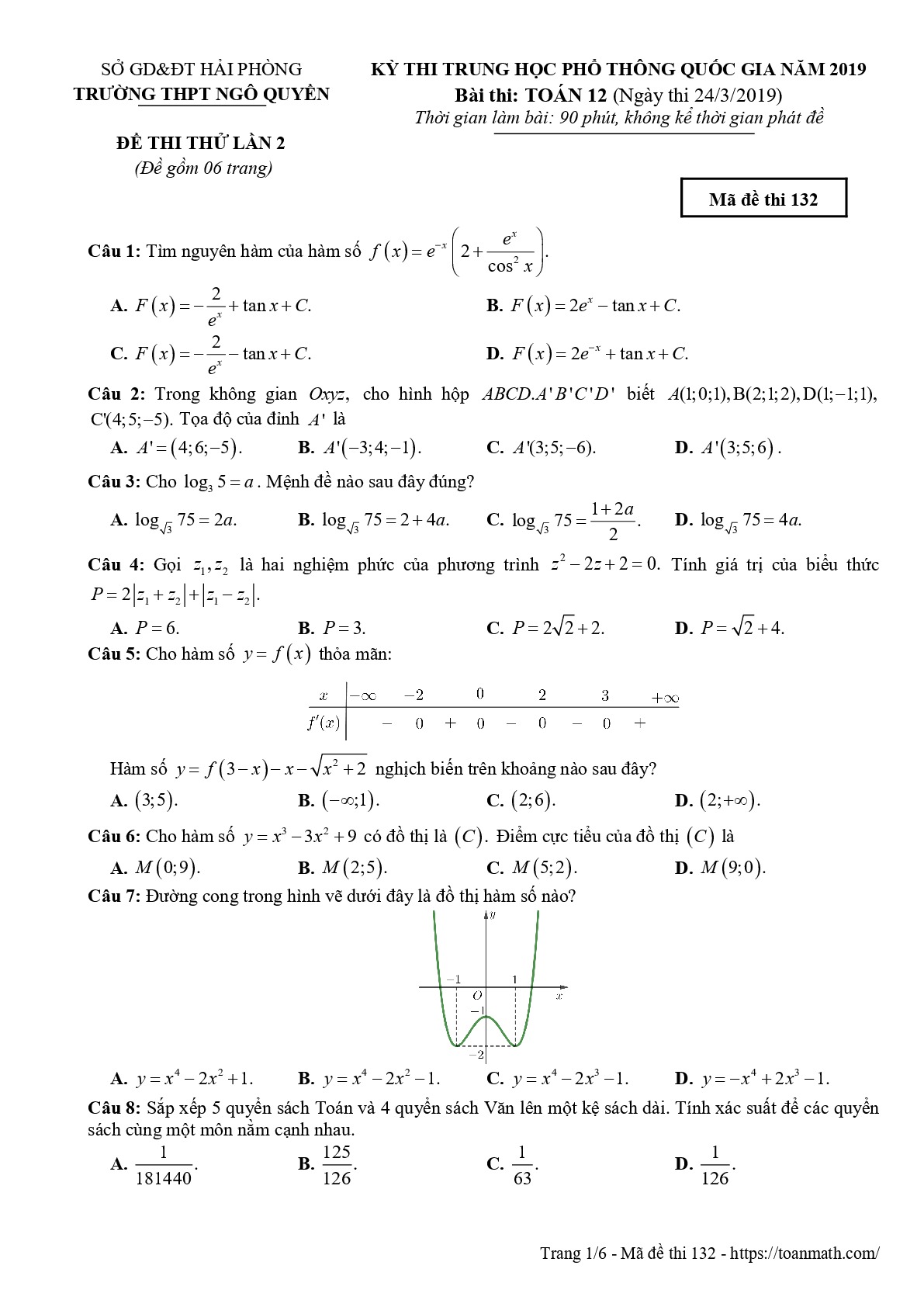 Đề thi thử Toán THPT Quốc gia 2019 trường THPT Ngô Quyền – Hải Phòng lần 2