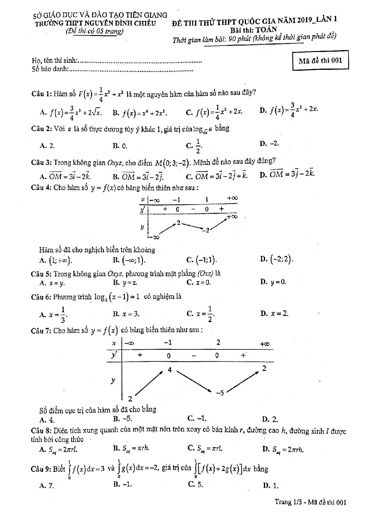 Đề thi thử Toán THPT QG 2019 lần 1 trường Nguyễn Đình Chiểu – Tiền Giang