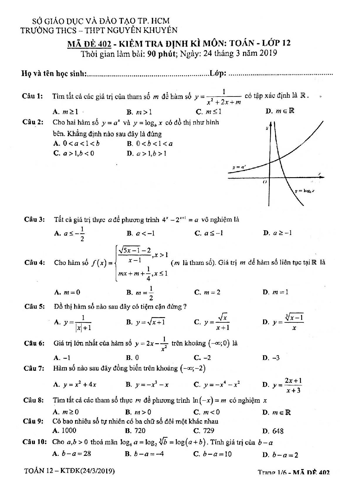 Đề kiểm tra định kì Toán 12 năm 2019 trường Nguyễn Khuyến – TP HCM (24_03_2019)