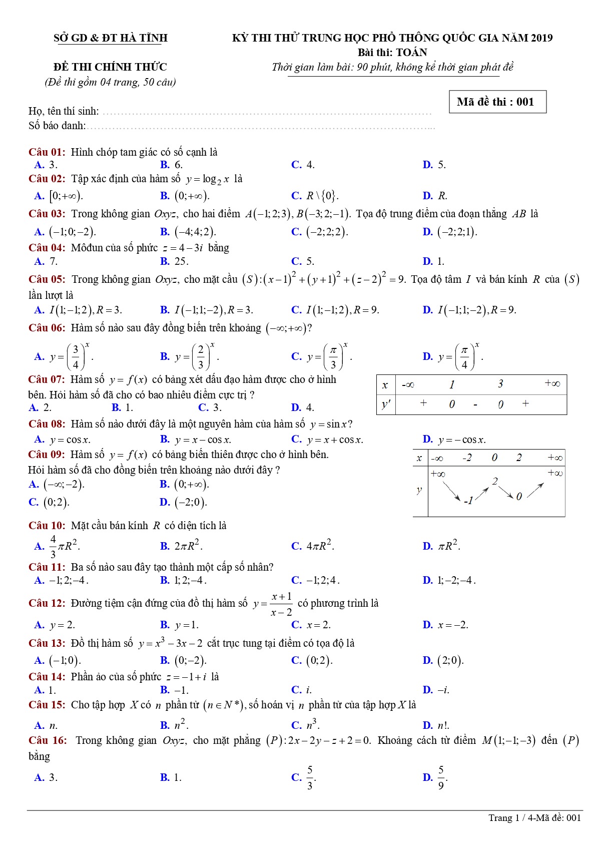 Đề thi thử THPT Quốc gia 2019 môn Toán sở GD&ĐT Hà Tĩnh