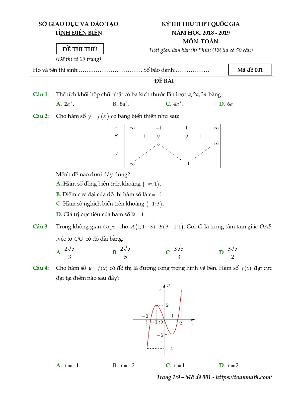 Đề thi thử THPT Quốc gia 2019 môn Toán sở GD&ĐT Điện Biên