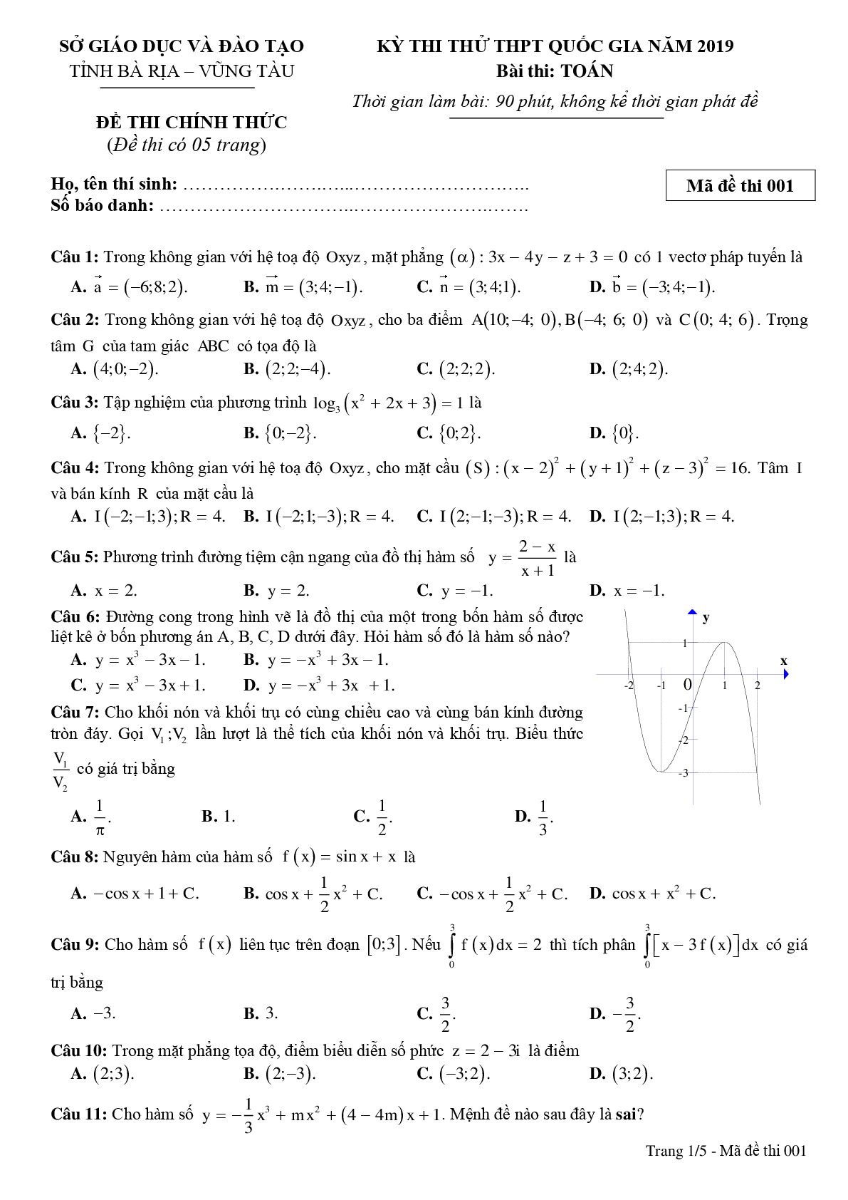 Đề thi thử THPT Quốc gia 2019 môn Toán sở GD&ĐT Bà Rịa – Vũng Tàu
