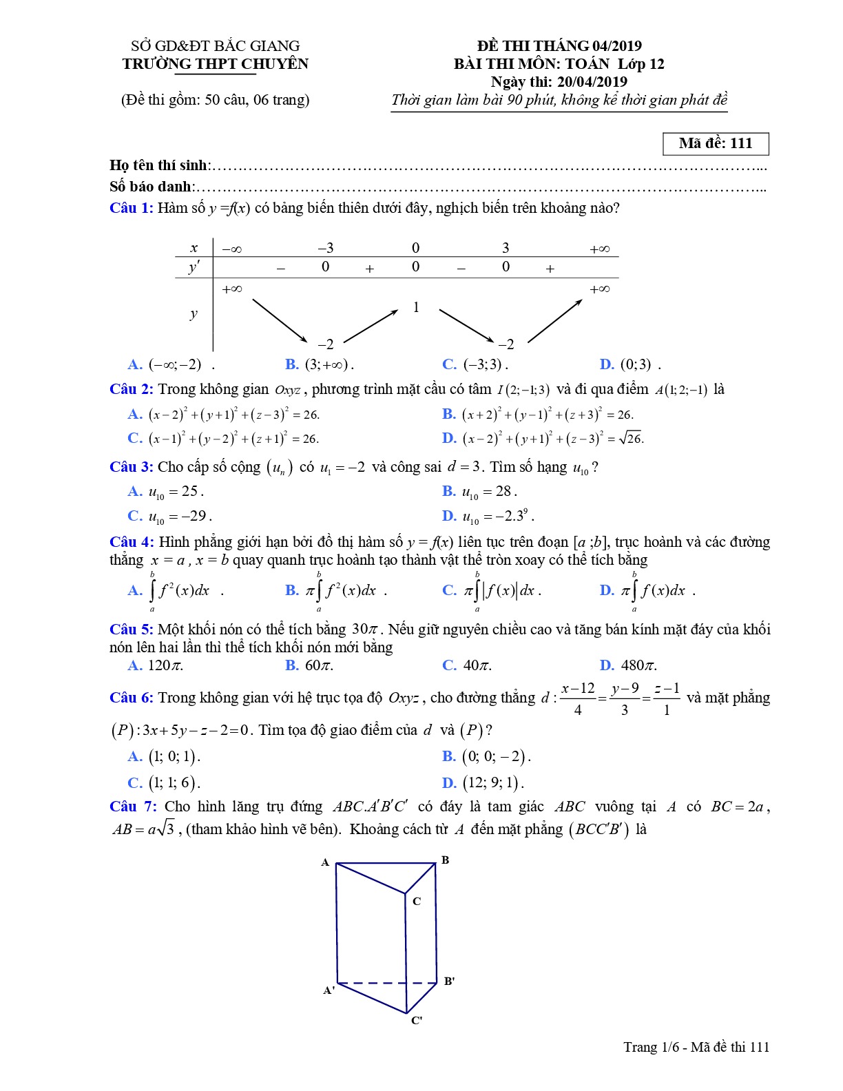 Đề thi tháng 04_2019 môn Toán 12 trường THPT chuyên Bắc Giang