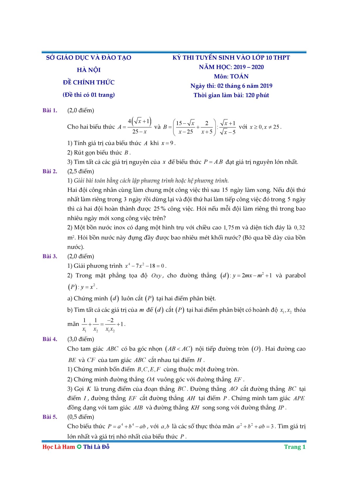 Đề thi và đáp án chi tiết (tham khảo) môn Toán tuyển sinh vào 10 thành phố Hà Nội năm 2019-2020