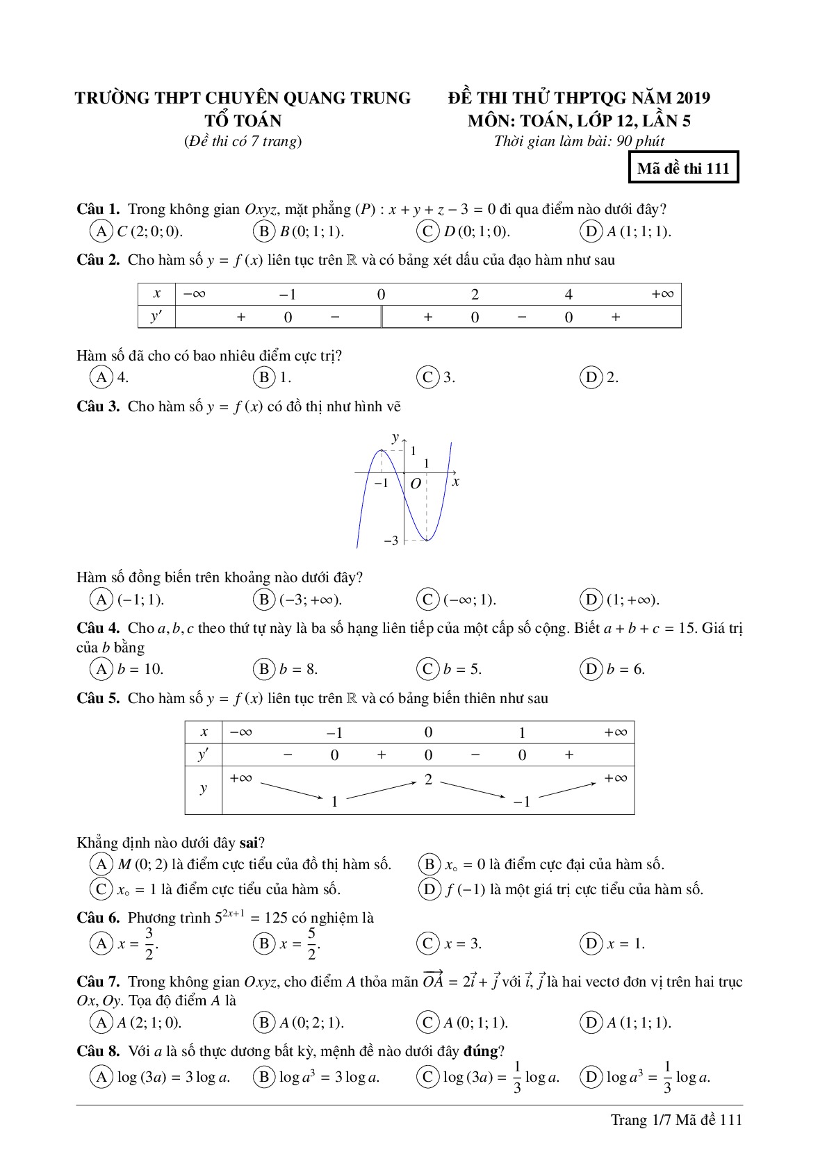 Đề thi thử Toán THPTQG 2019 lần 5 trường chuyên Quang Trung – Bình Phước