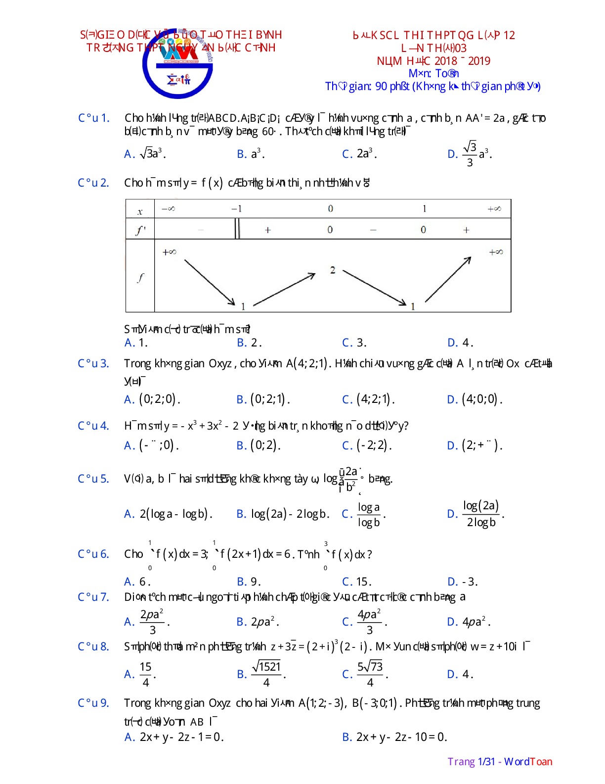 Đề thi thử Toán THPTQG 2019 lần 3 trường Nguyễn Đức Cảnh – Thái Bình