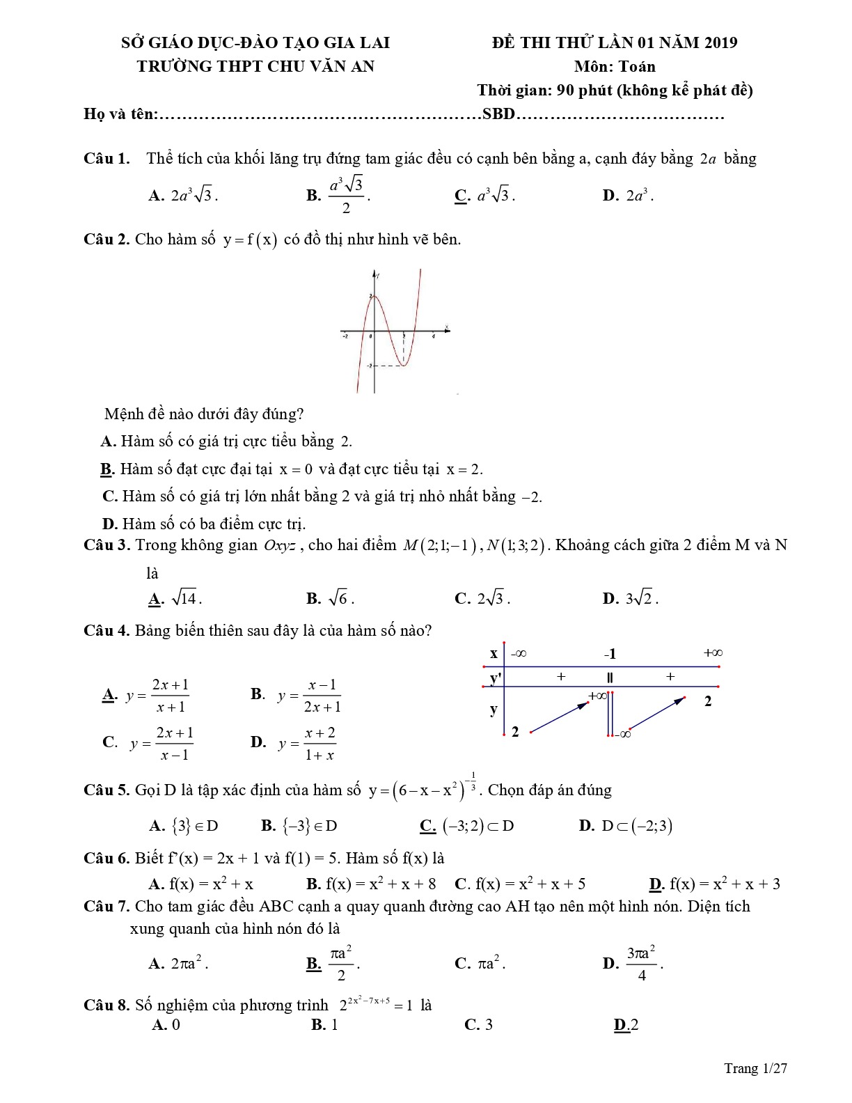 Đề thi thử Toán THPTQG 2019 lần 1 trường THPT Chu Văn An – Gia Lai
