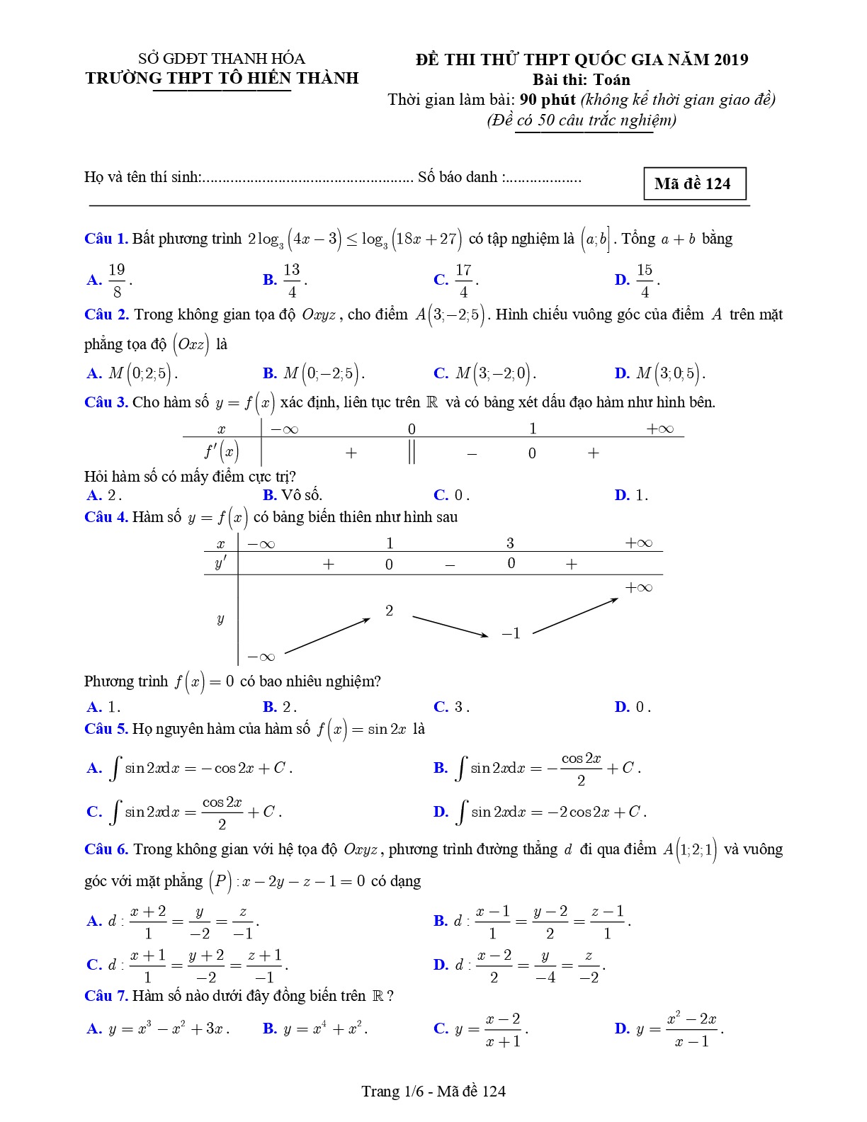 Đề thi thử Toán THPT Quốc gia 2019 trường THPT Tô Hiến Thành – Thanh Hóa