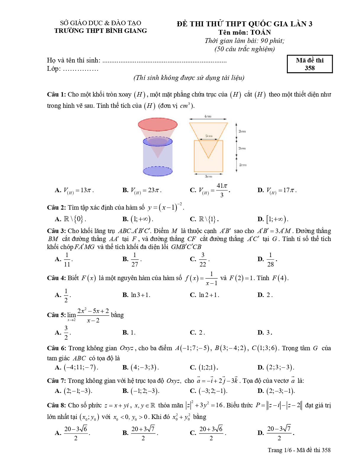 Đề thi thử Toán THPT Quốc gia 2019 lần 3 trường THPT Bình Giang – Hải Dương