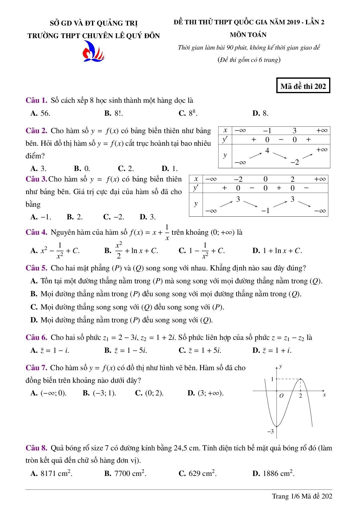 Đề thi thử Toán THPT QG 2019 lần 2 trường chuyên Lê Quý Đôn – Quảng Trị