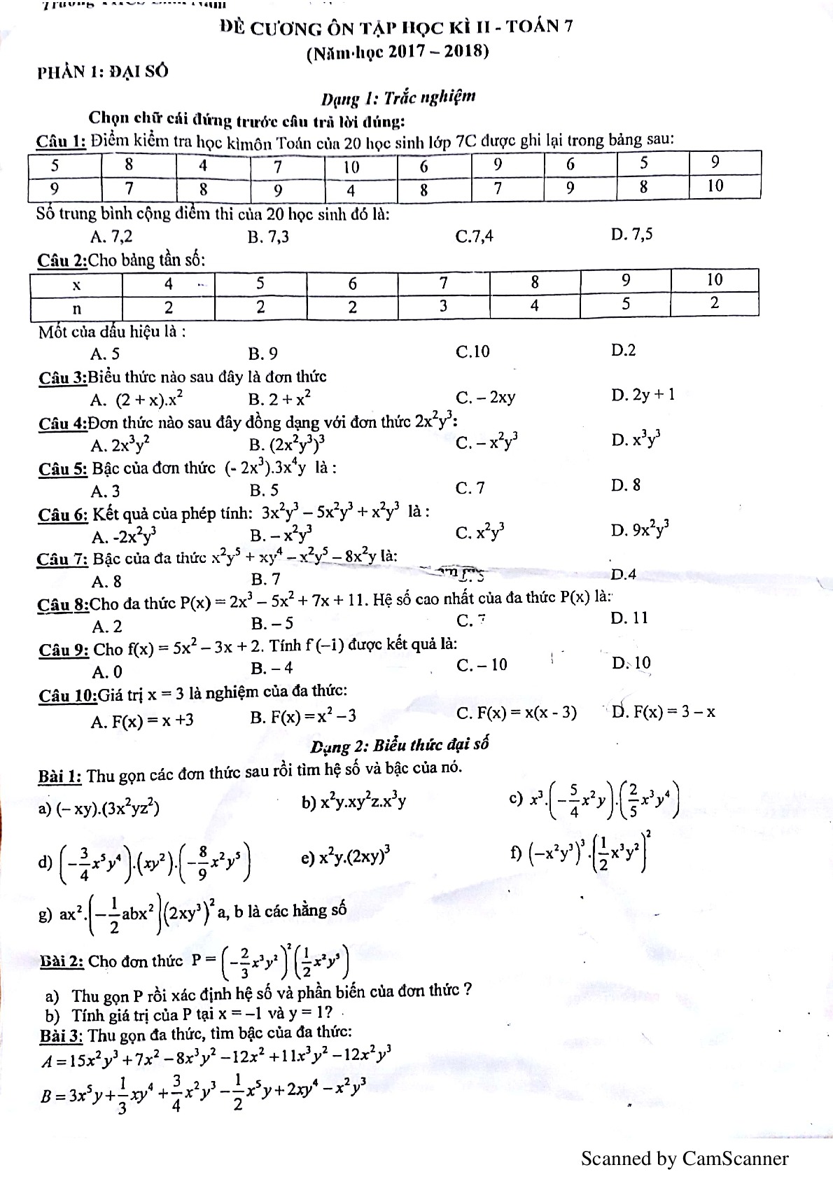 Đề cương học kì 2 môn Toán lớp 7 Trường THCS Lĩnh Nam Hà Nội năm 2018