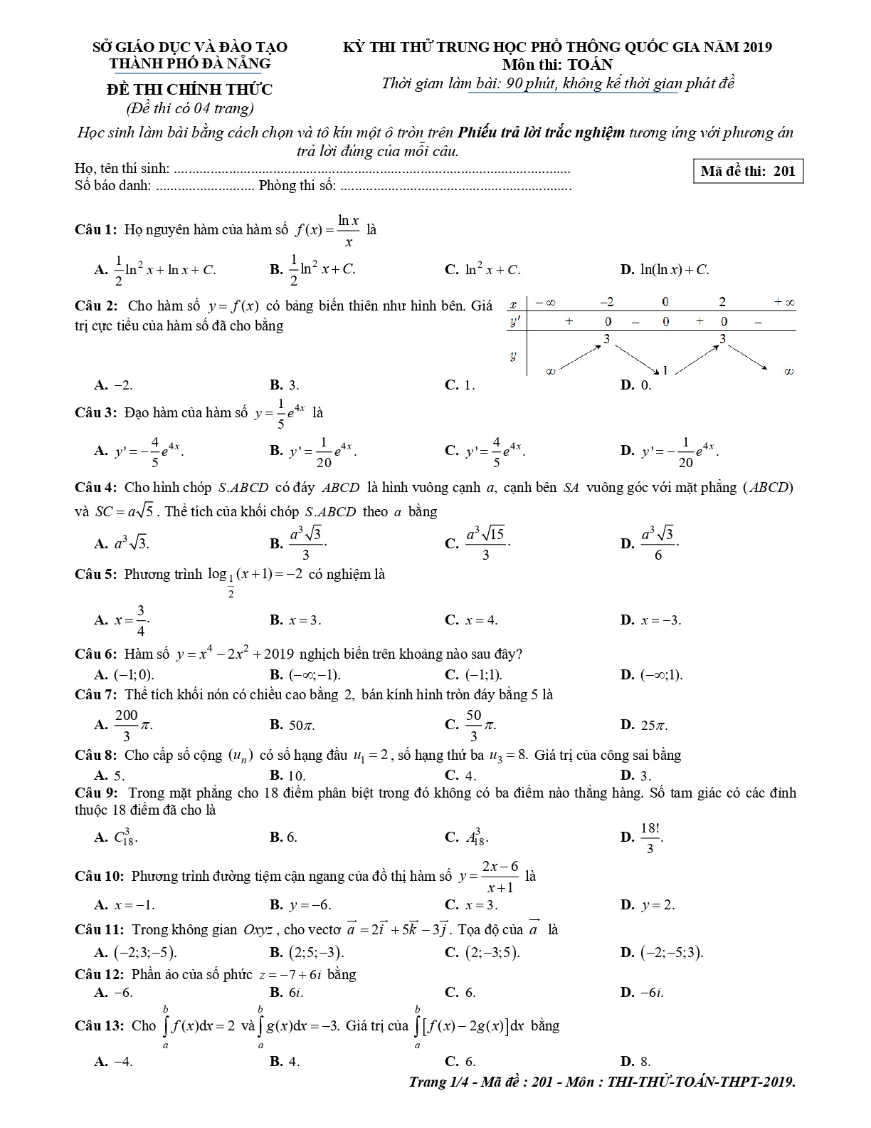 Đề thi thử THPT Quốc gia môn Toán năm 2019 sở GD&ĐT Đà Nẵng