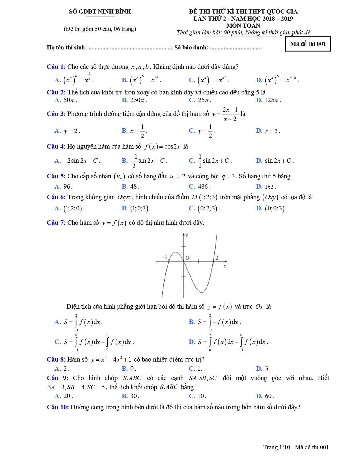 Đề thi thử THPT Quốc gia 2019 môn Toán sở GD&ĐT Ninh Bình lần 2