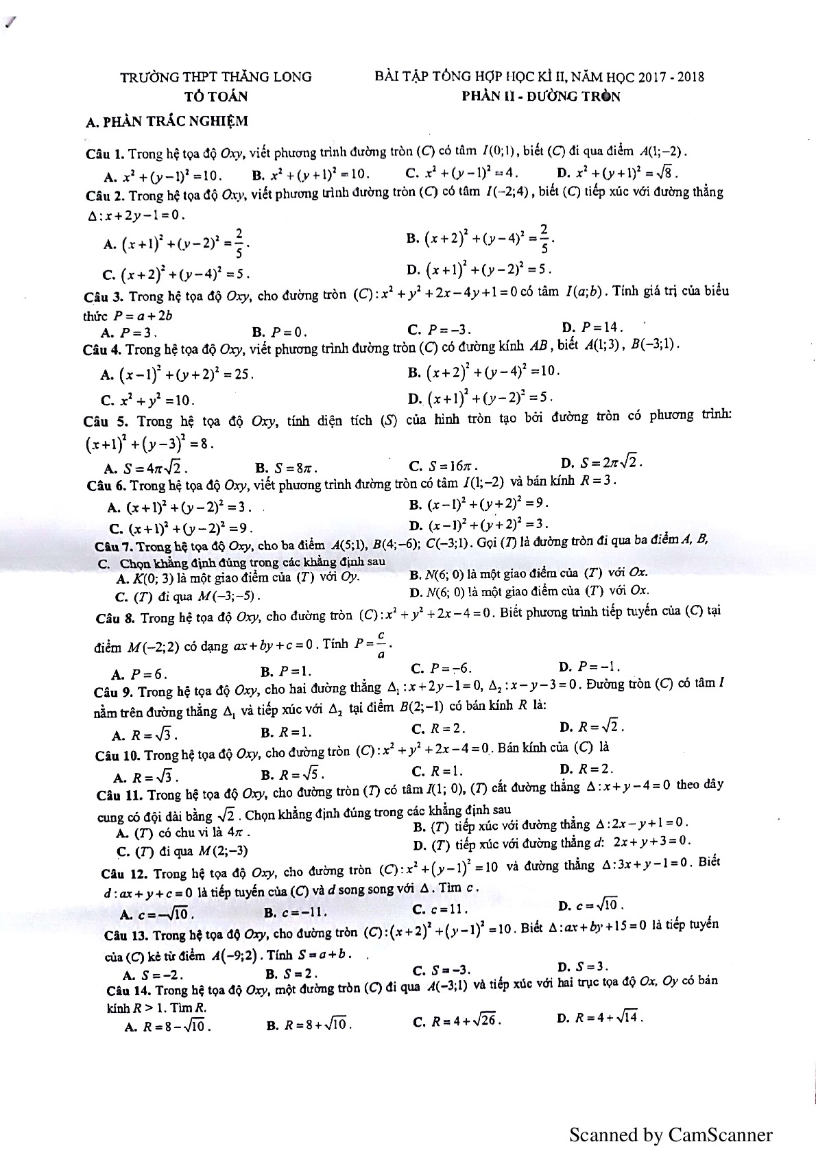 Đề cương học kì 2 môn Toán lớp 10 THPT Thăng Long Hà Nội năm 2018