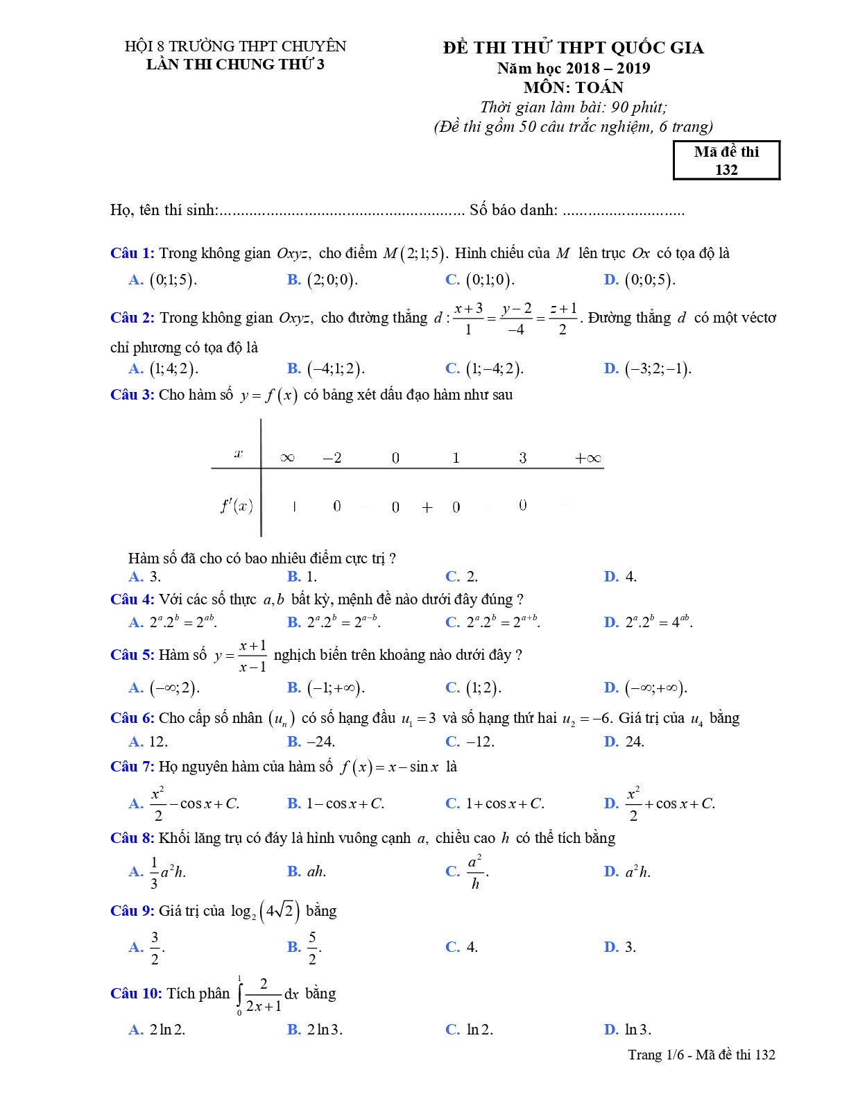 Đề thi thử THPT Quốc gia 2019 môn Toán hội các trường chuyên lần 3