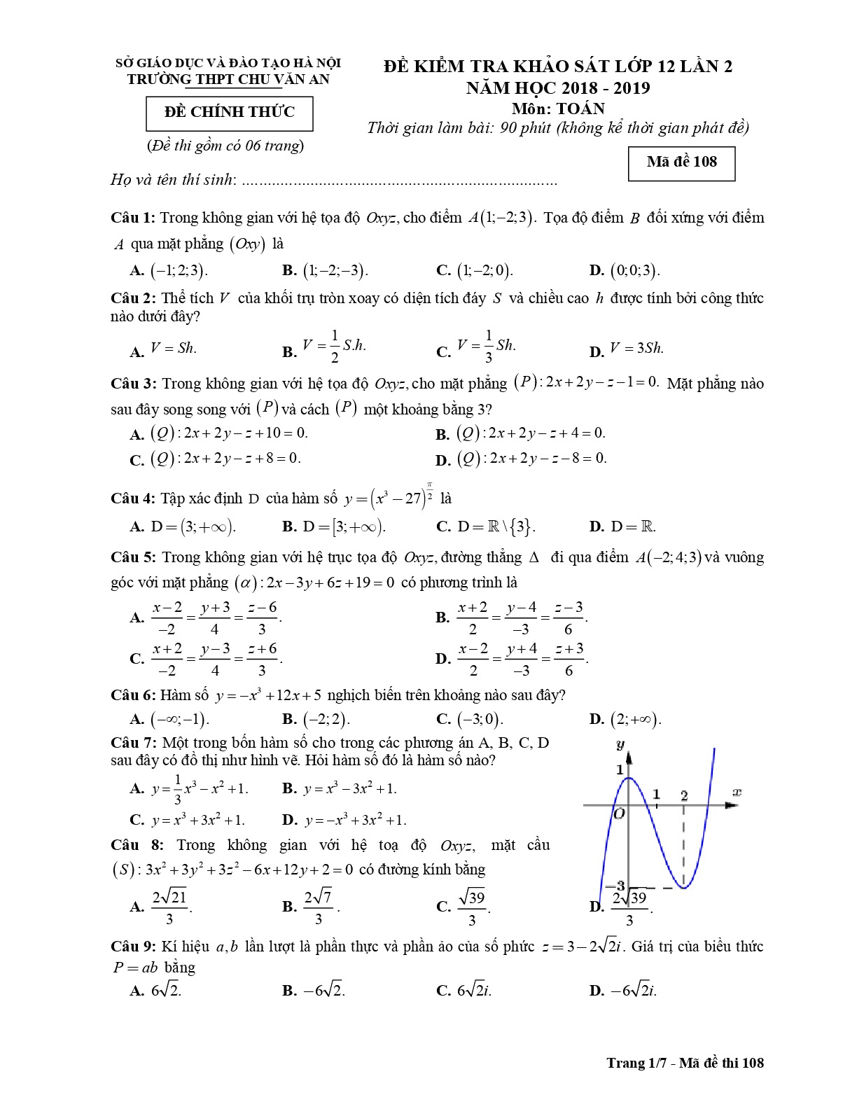 Đề khảo sát Toán 12 lần 2 năm 2018 – 2019 trường Chu Văn An – Hà Nội