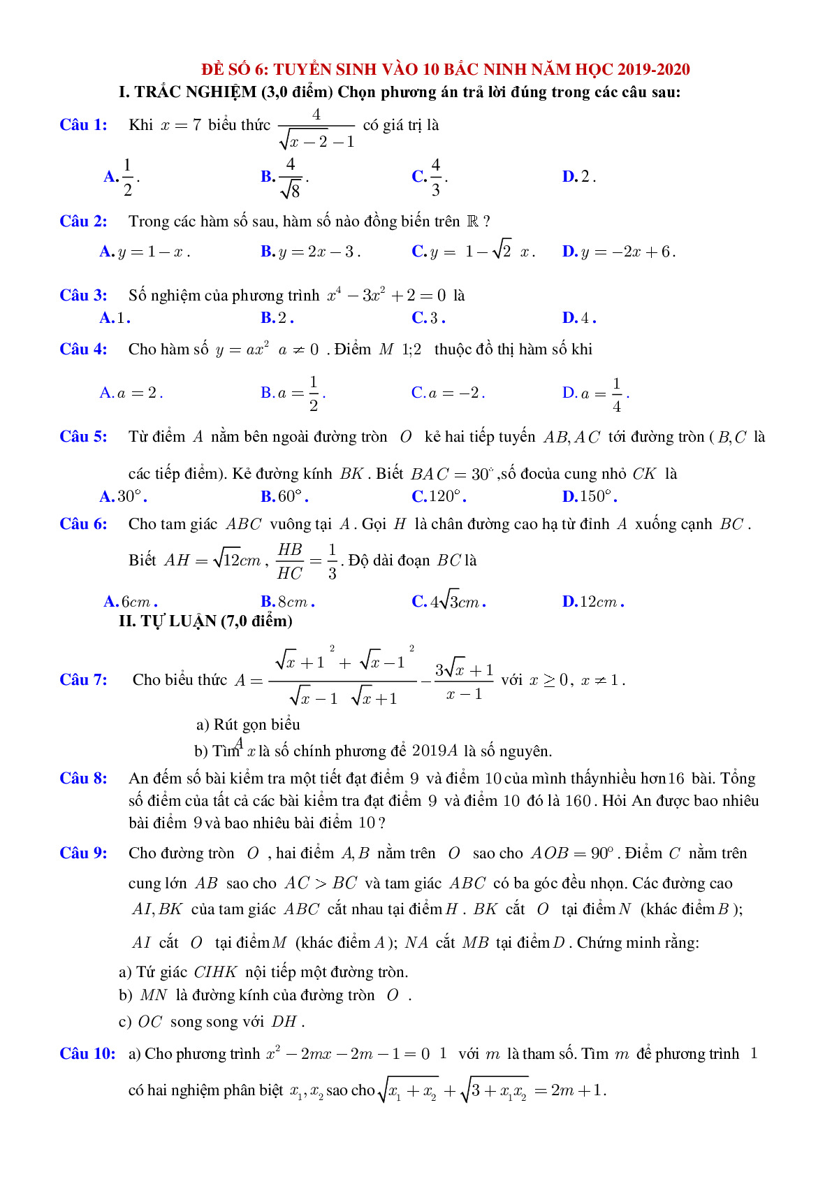 Đề thi tuyển sinh vào 10 môn Toán tỉnh Bắc Ninh năm học 2019 - 2020