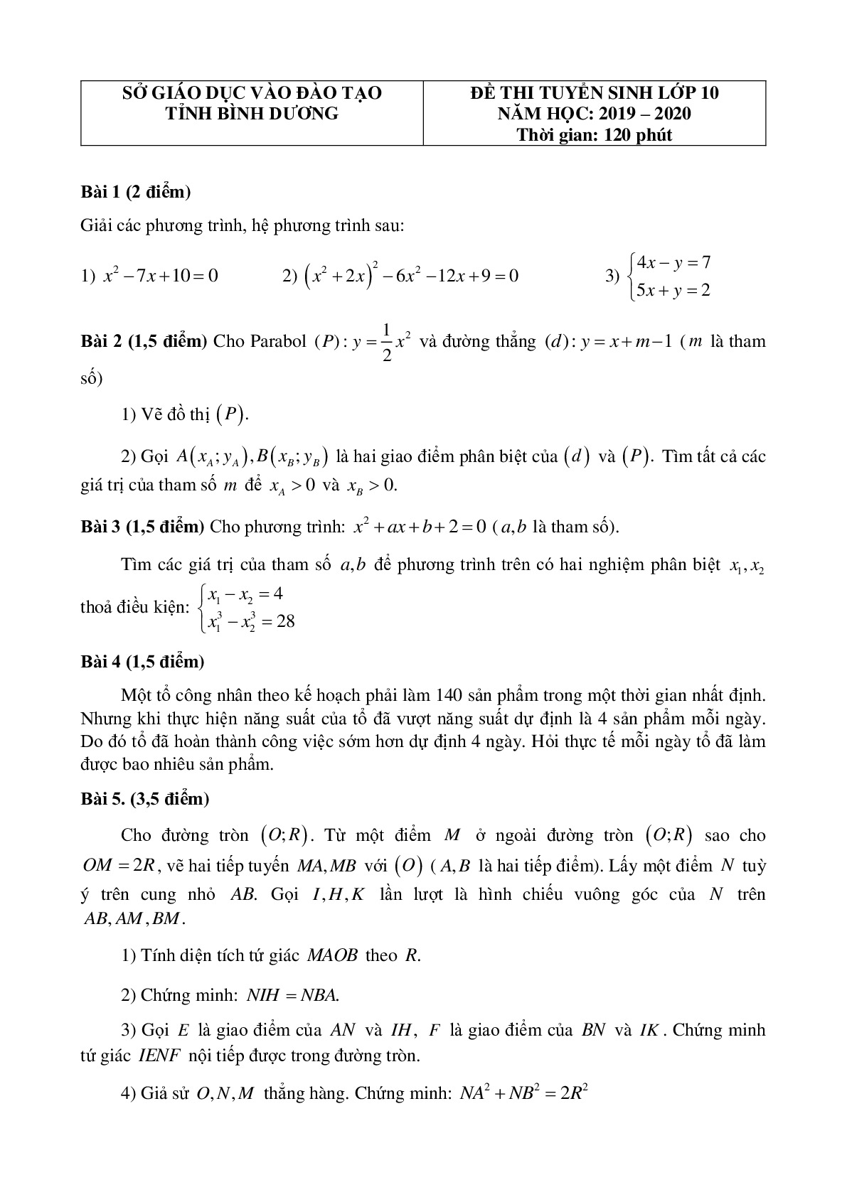 Đề thi tuyển sinh vào 10 môn Toán tỉnh Bình Dương năm học 2019 - 2020