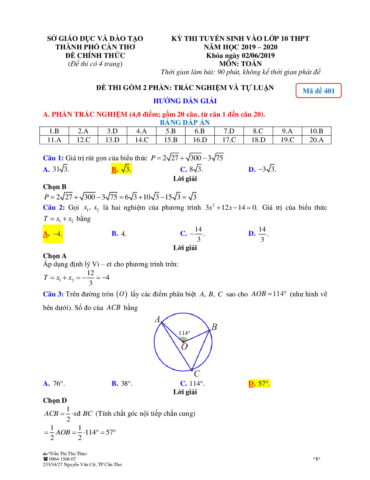 Đề thi tuyển sinh vào 10 môn Toán tỉnh Cần Thơ năm học 2019 - 2020