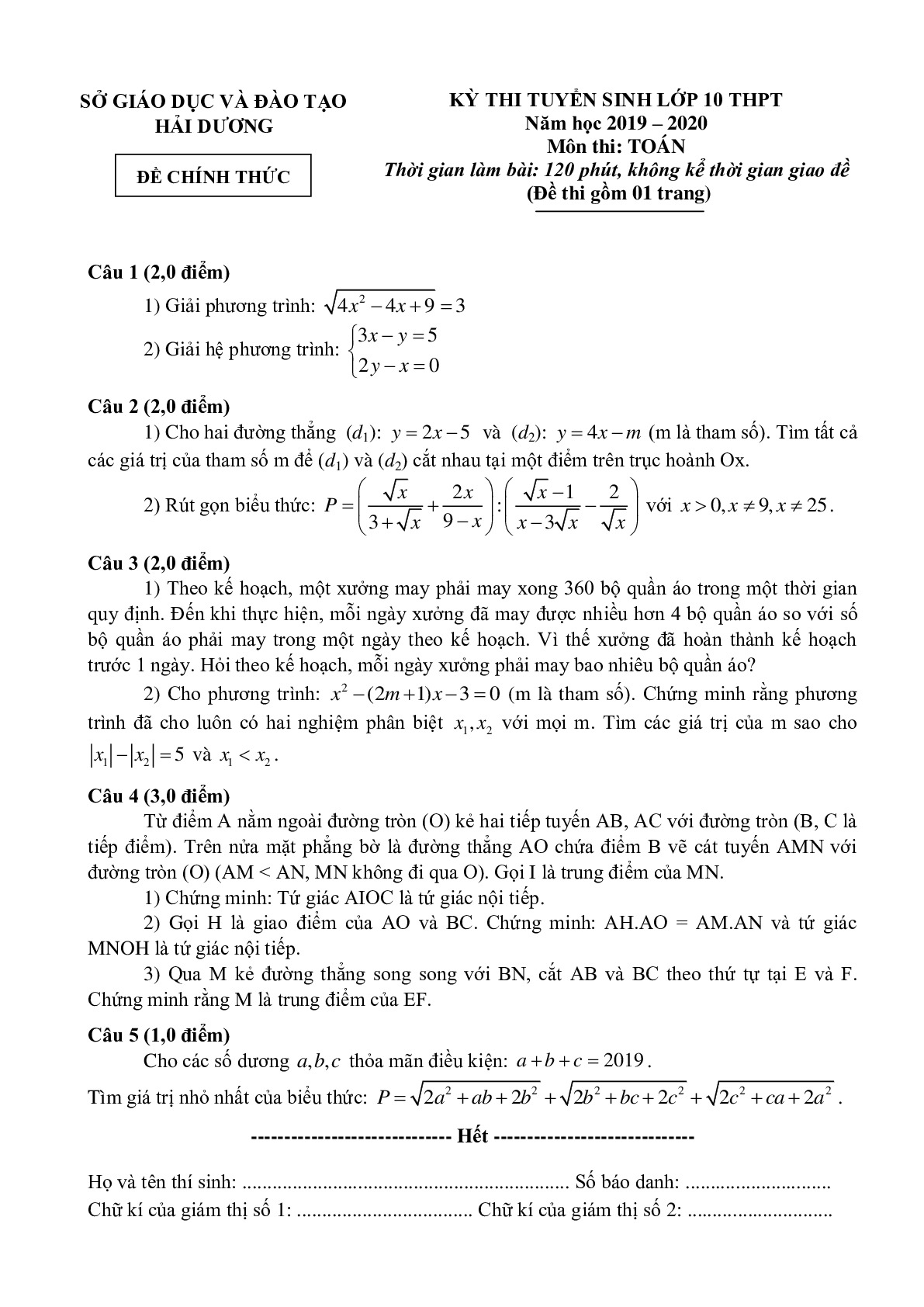 Đề thi tuyển sinh vào 10 môn Toán tỉnh Hải Dương năm học 2019 - 2020