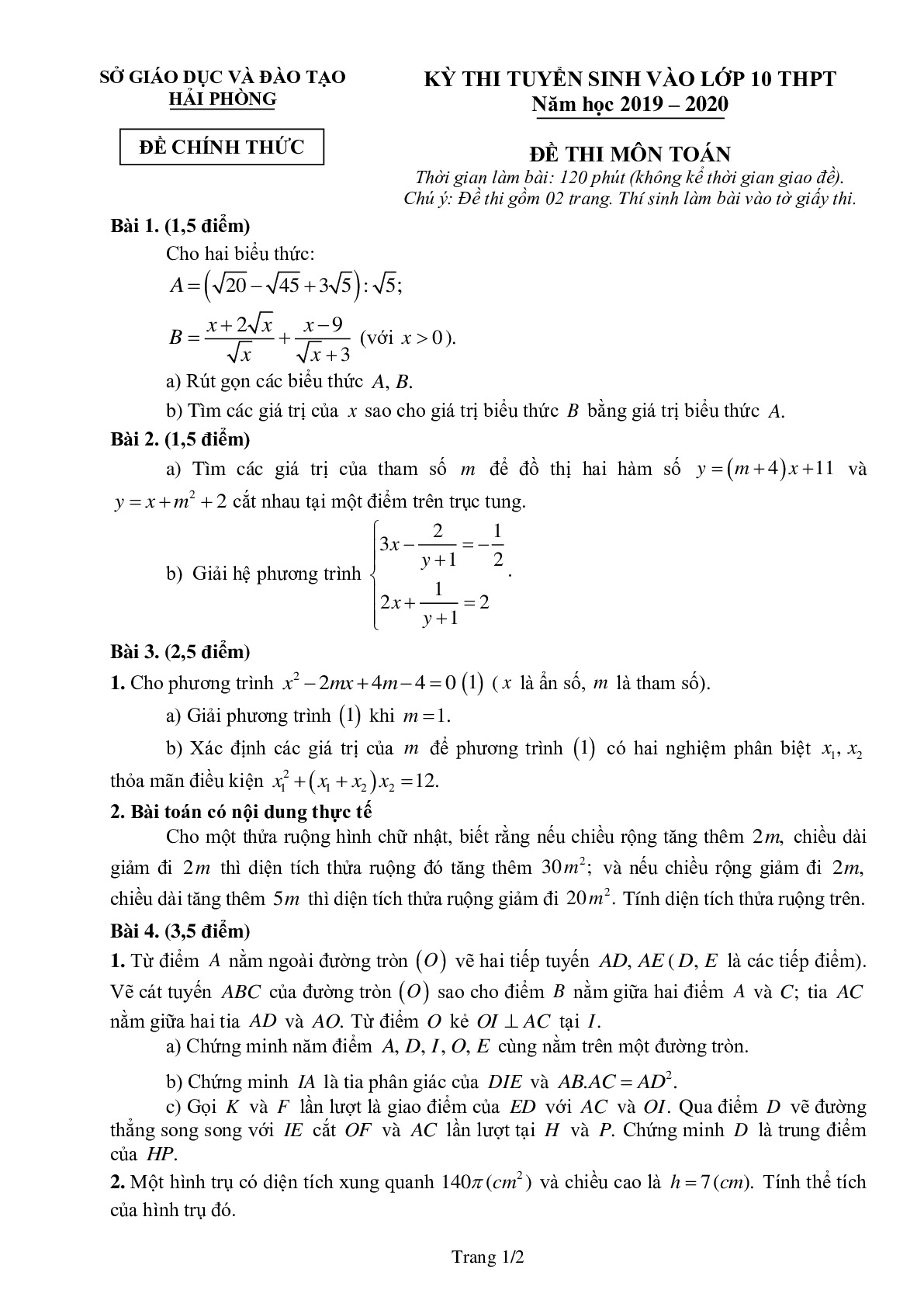 Đề thi tuyển sinh vào 10 môn Toán tỉnh Hải Phòng năm học 2019 - 2020