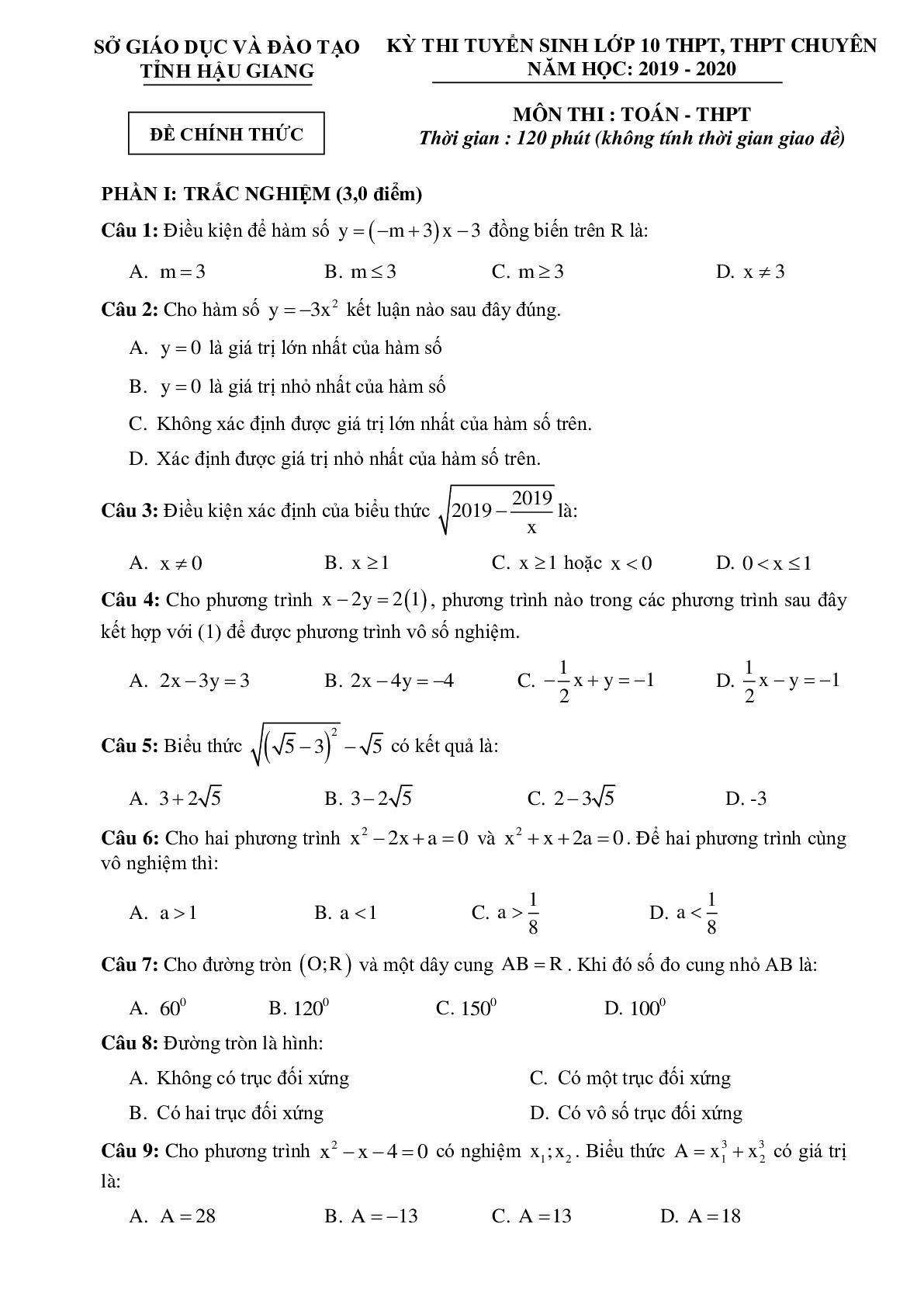 Đề thi tuyển sinh vào 10 môn Toán tỉnh Hậu Giang năm học 2019 - 2020