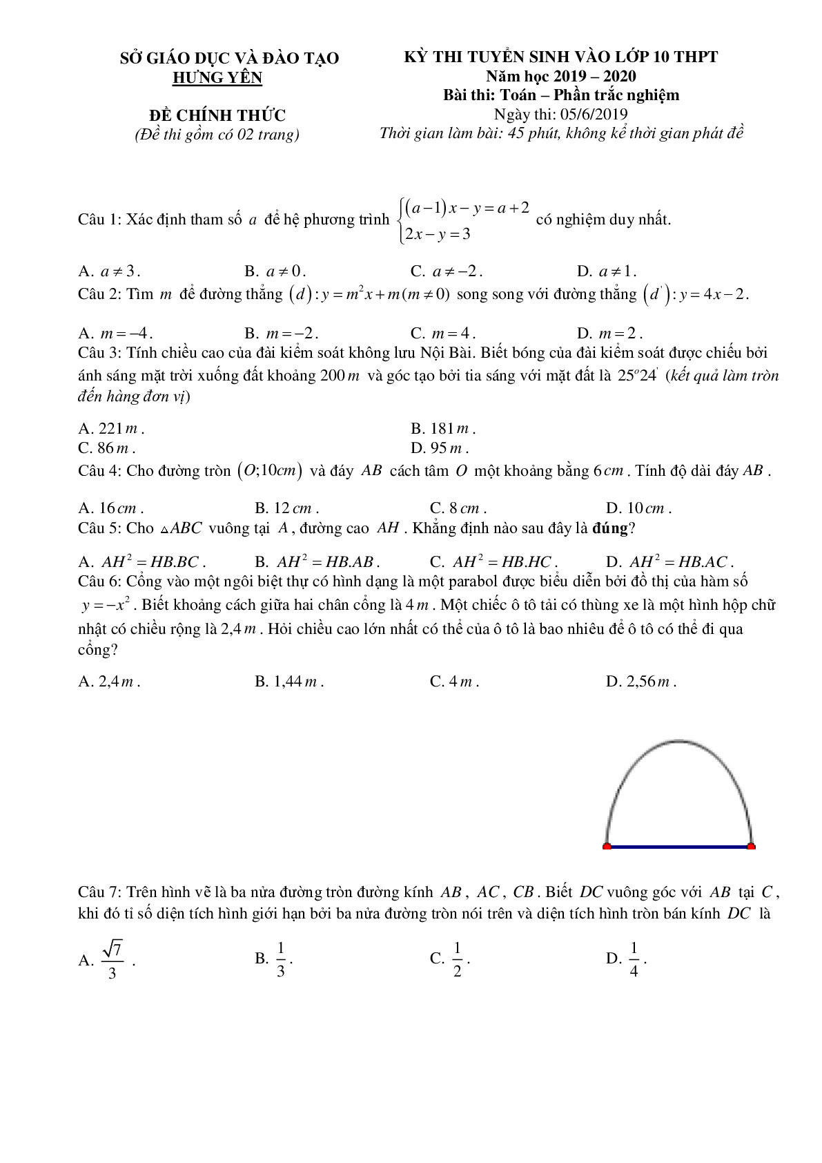 Đề thi tuyển sinh vào 10 môn Toán tỉnh Hưng Yên năm học 2019 - 2020