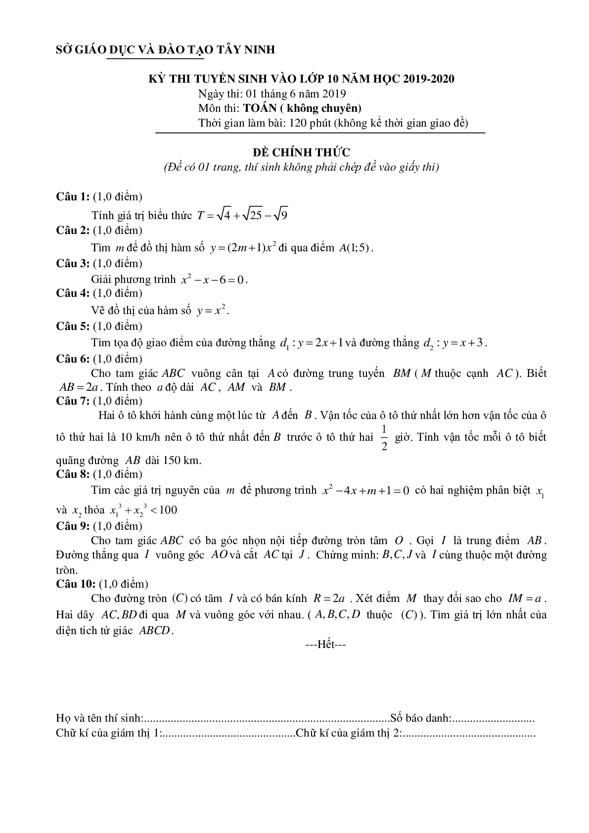 Đề thi tuyển sinh vào 10 môn Toán tỉnh Tây Ninh năm học 2019 - 2020