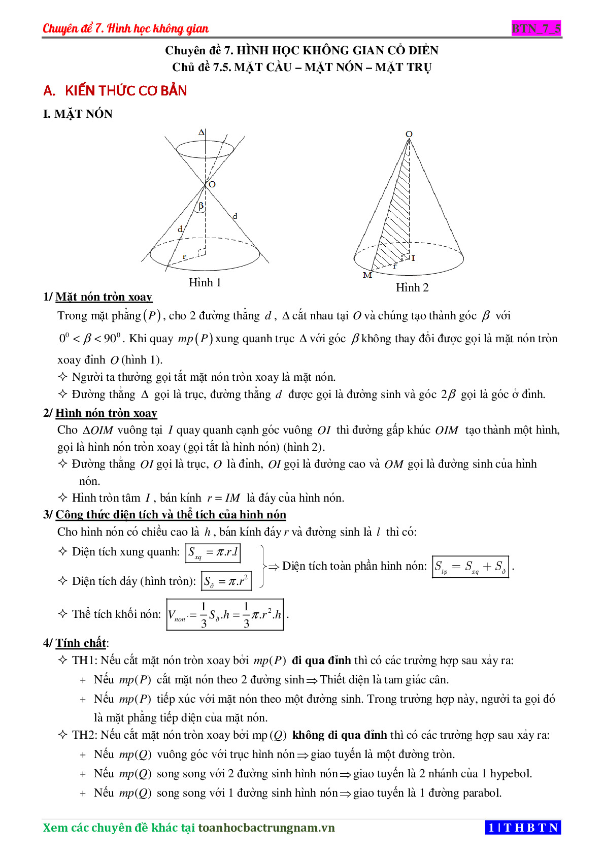 Toán 12: Chuyên đề Mặt nón - Mặt trụ - Mặt cầu