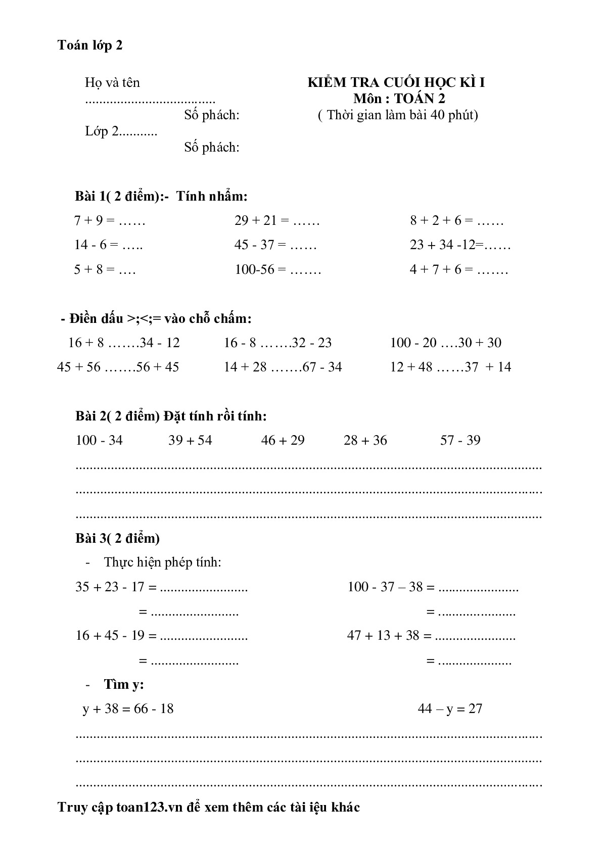 Toán 2: Đề tham khảo thi HKI môn Toán lớp 2 - Đề 1