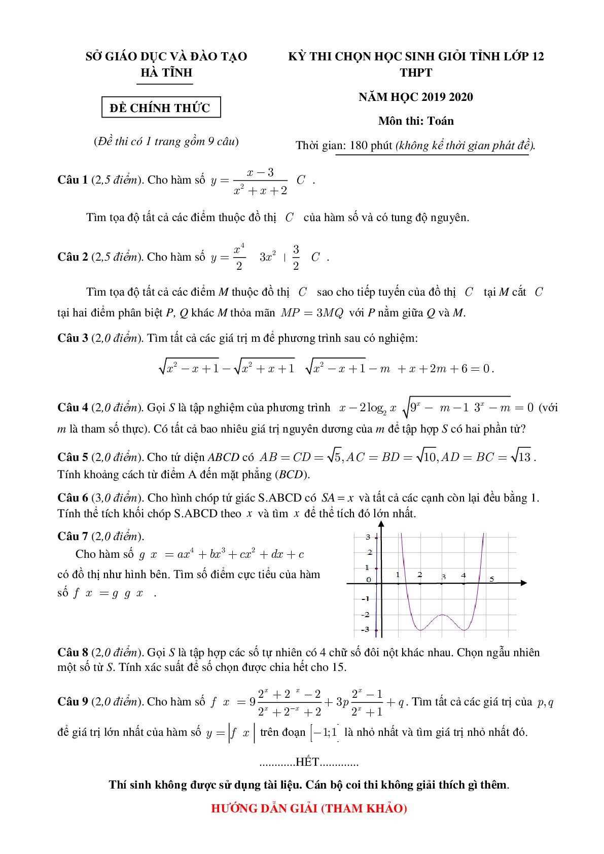 DE THI HSG MÔN TOÁN LOP 12 HÀ TĨNH năm 2019 2020  + HD