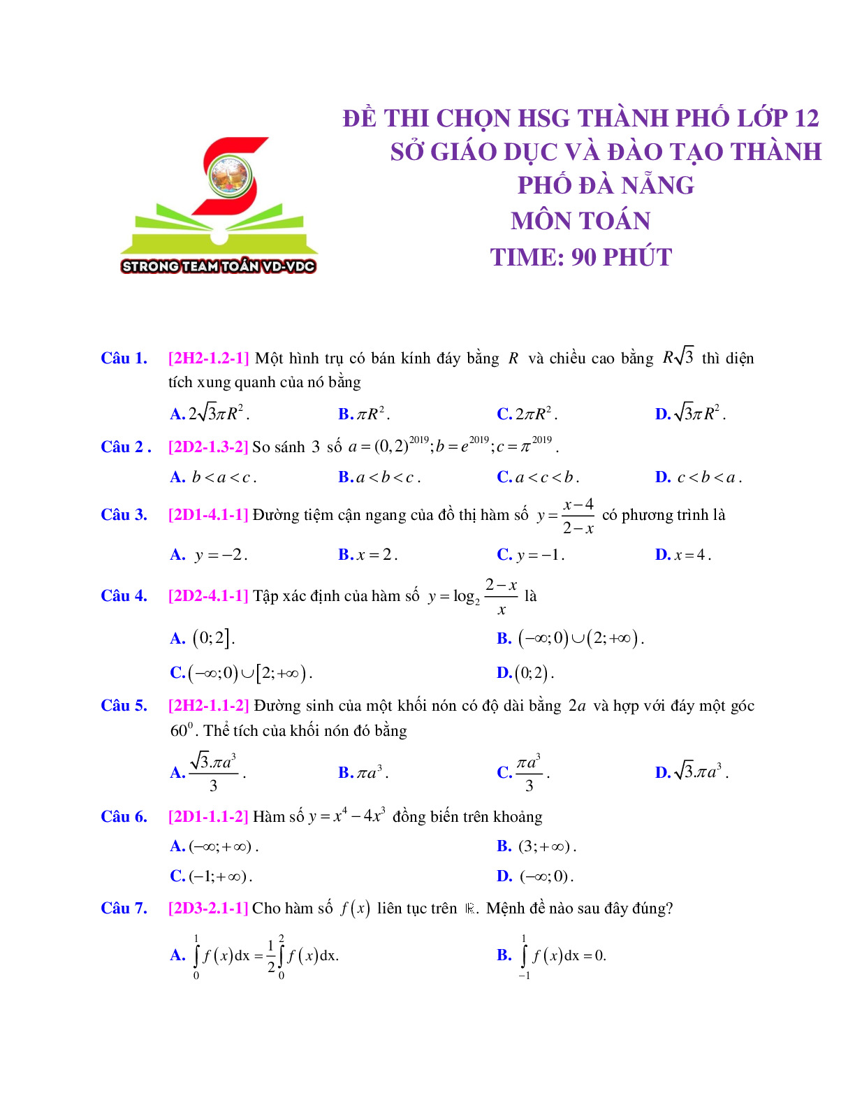 ĐỀ THI CHỌN HSG THÀNH PHỐ LỚP 12  THÀNH PHỐ ĐÀ NẴNG NĂM 2018-2019