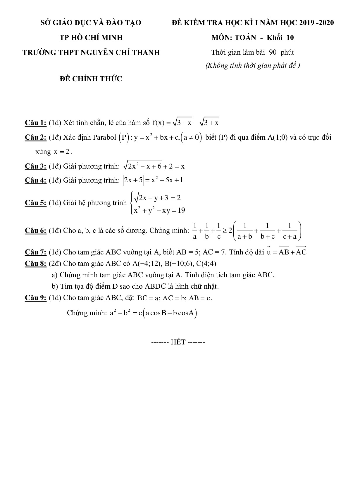 Đề thi học kì 1 Toán 10 năm 2019 – 2020 trường Nguyễn Chí Thanh – TP HCM