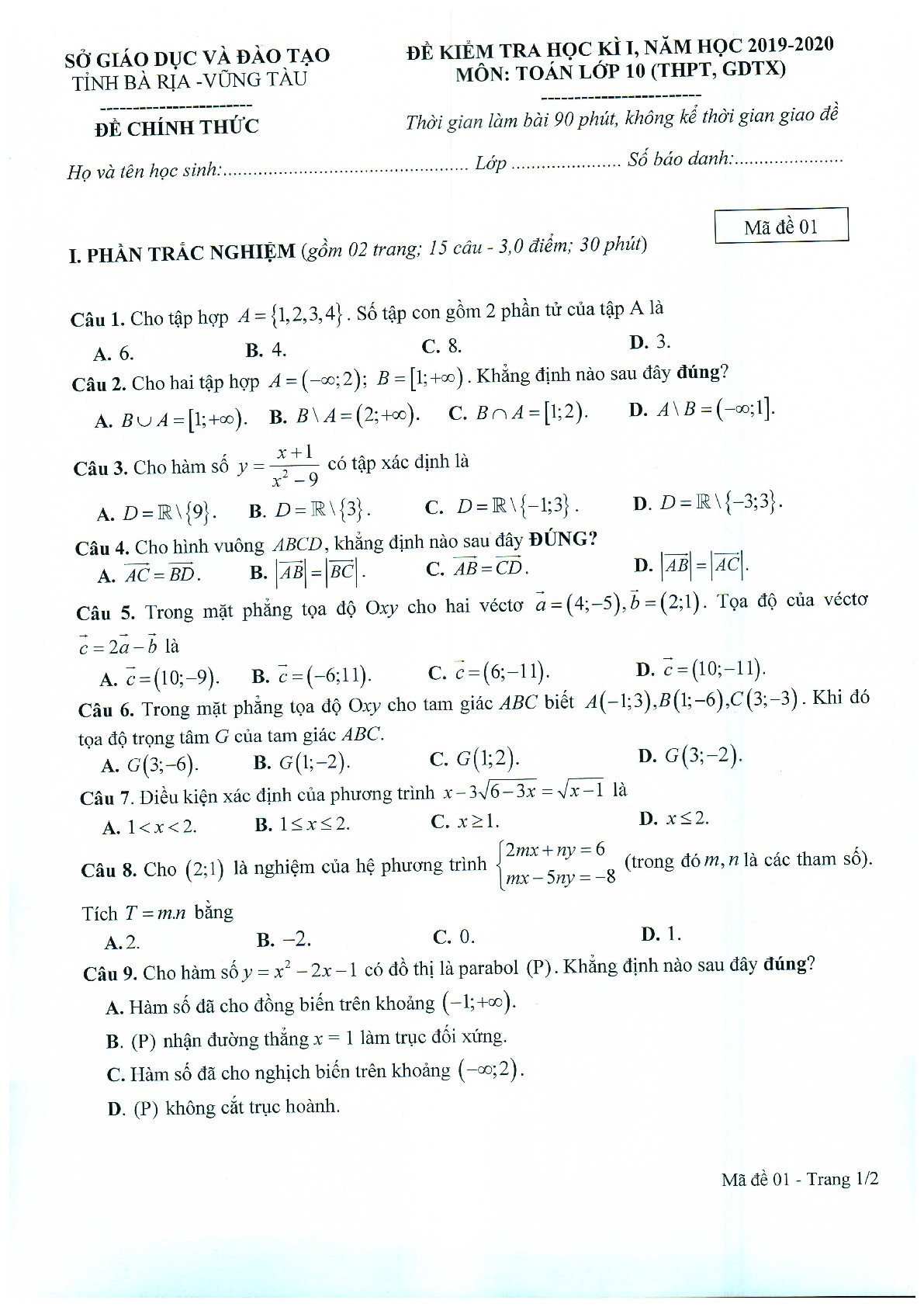 Đề thi HK1 Toán 10 năm học 2019 – 2020 sở GD&ĐT Bà Rịa – Vũng Tàu