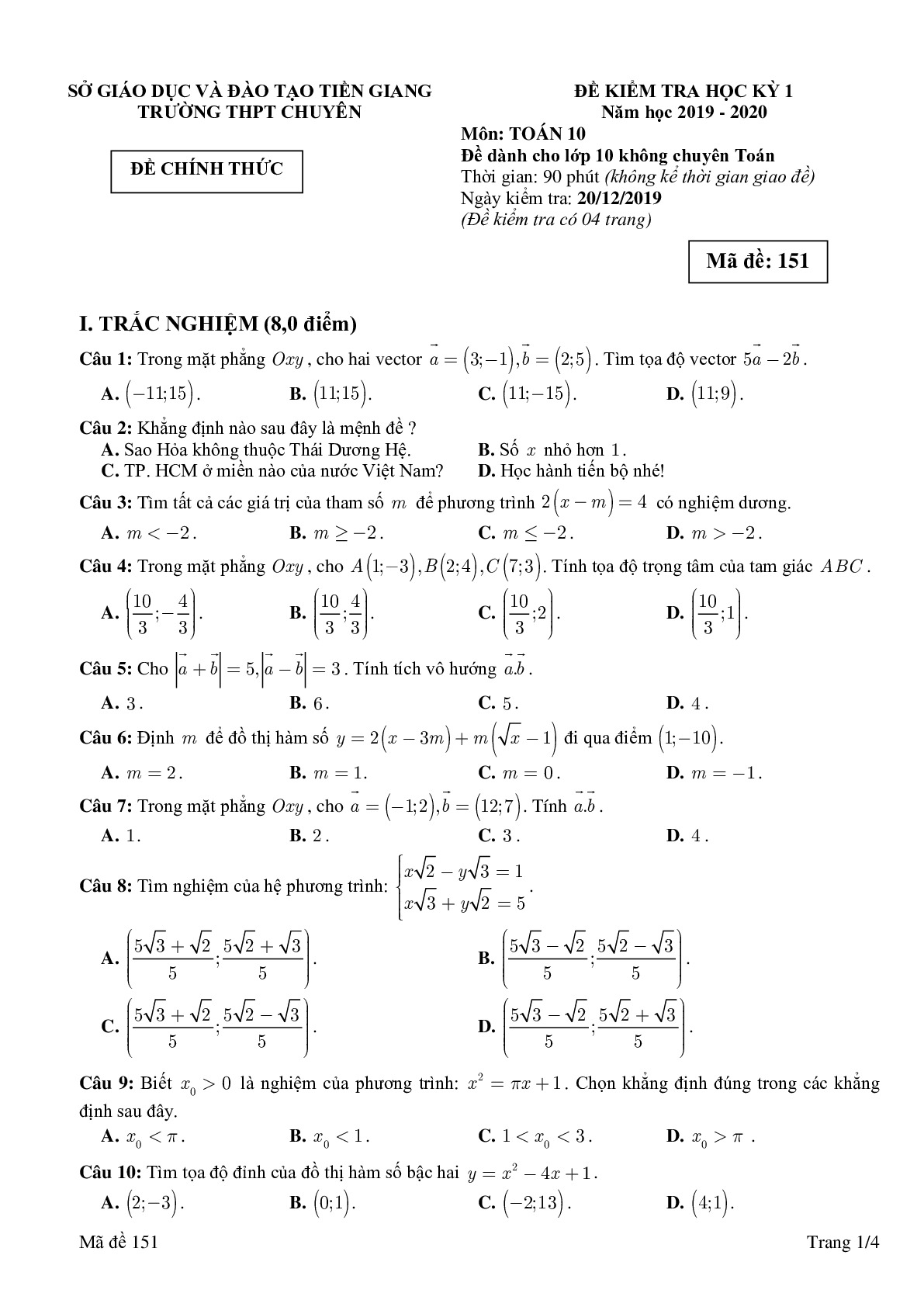 Đề thi học kì 1 Toán 10 năm 2019 – 2020 trường THPT chuyên Tiền Giang