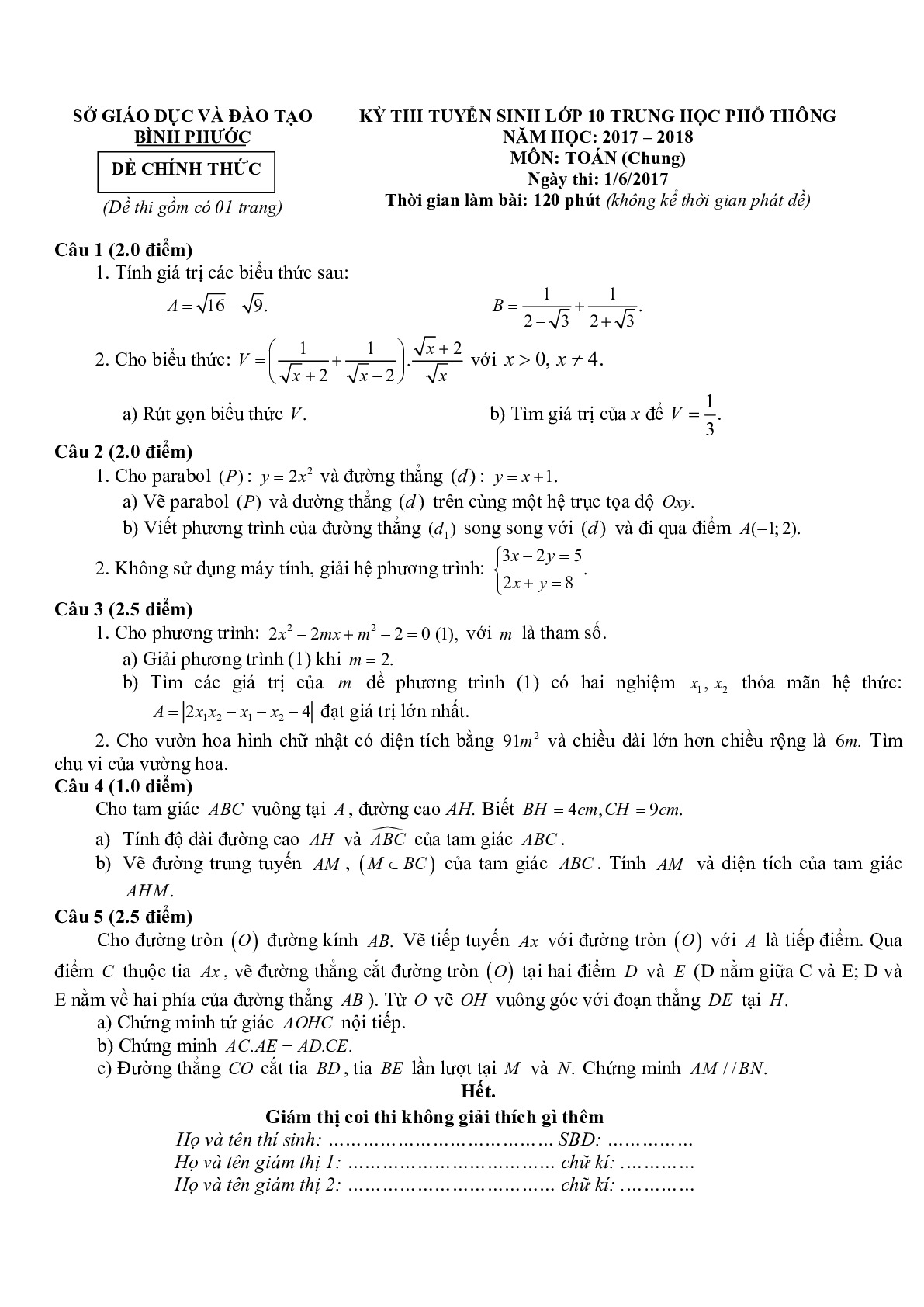 Đề thi vào 10 (có đáp án) môn Toán tỉnh Bình Phước năm 2017 - 2018