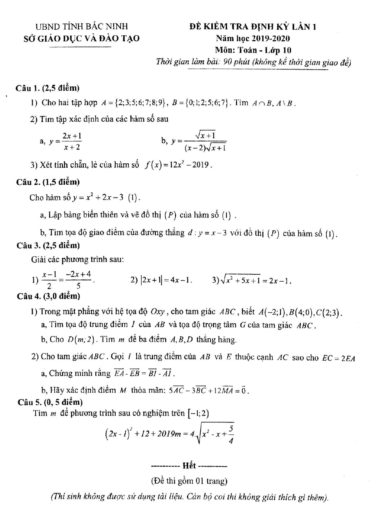 Đề kiểm tra định kỳ lần 1 Toán 10 năm 2019 – 2020 sở GD&ĐT Bắc Ninh