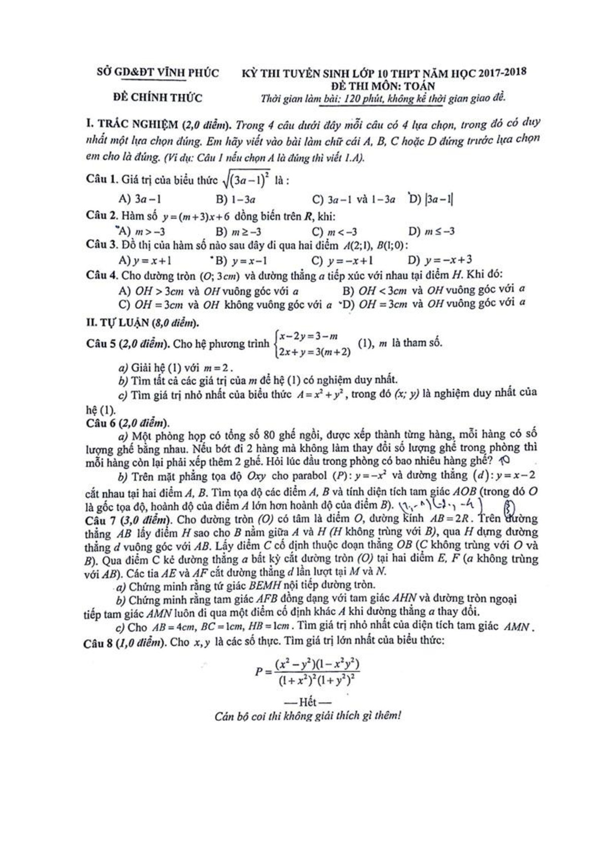 Đề thi vào 10 (có đáp án) môn Toán tỉnh Vĩnh Phúc năm 2017 - 2018