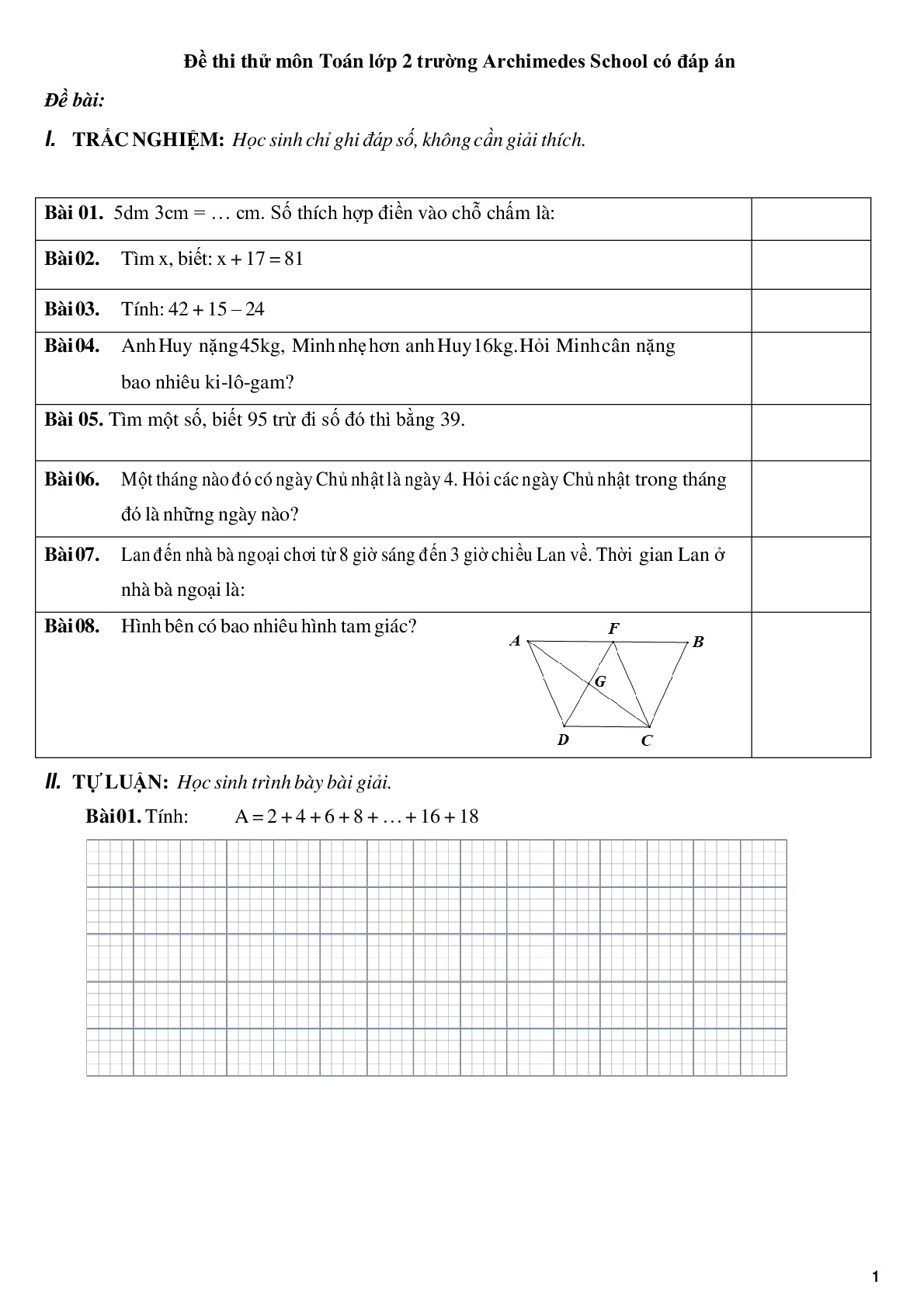 Đề thi thử môn Toán lớp 2 trường Archimedes School có đáp án