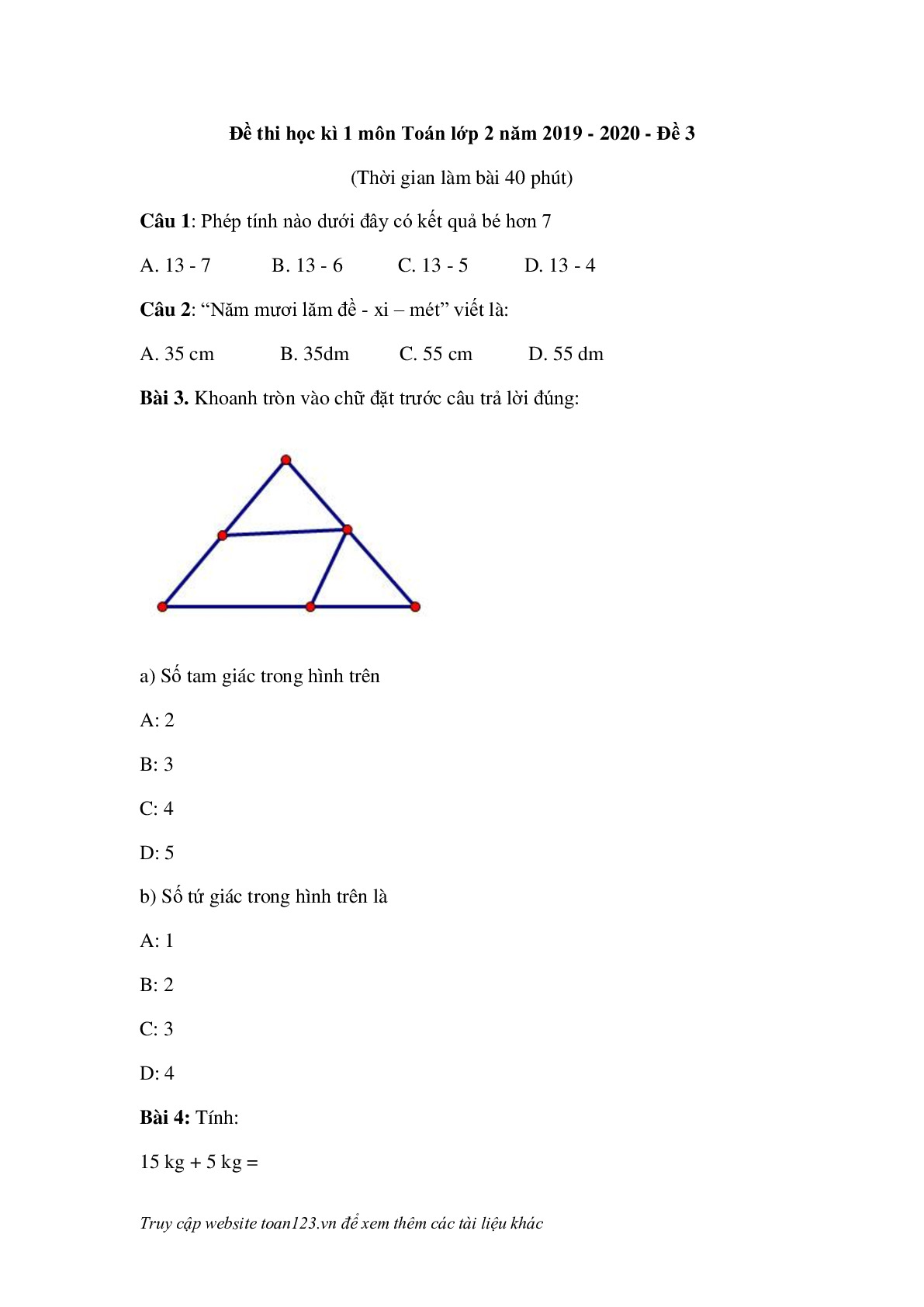 Đề thi học kì 1 môn Toán lớp 2 năm 2019 - 2020 đề 3