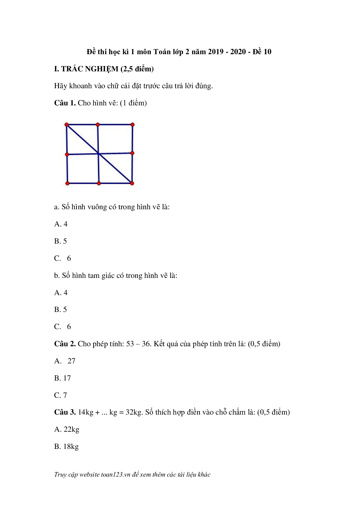 Đề thi học kì 1 môn Toán lớp 2 năm 2019 - 2020 đề 10