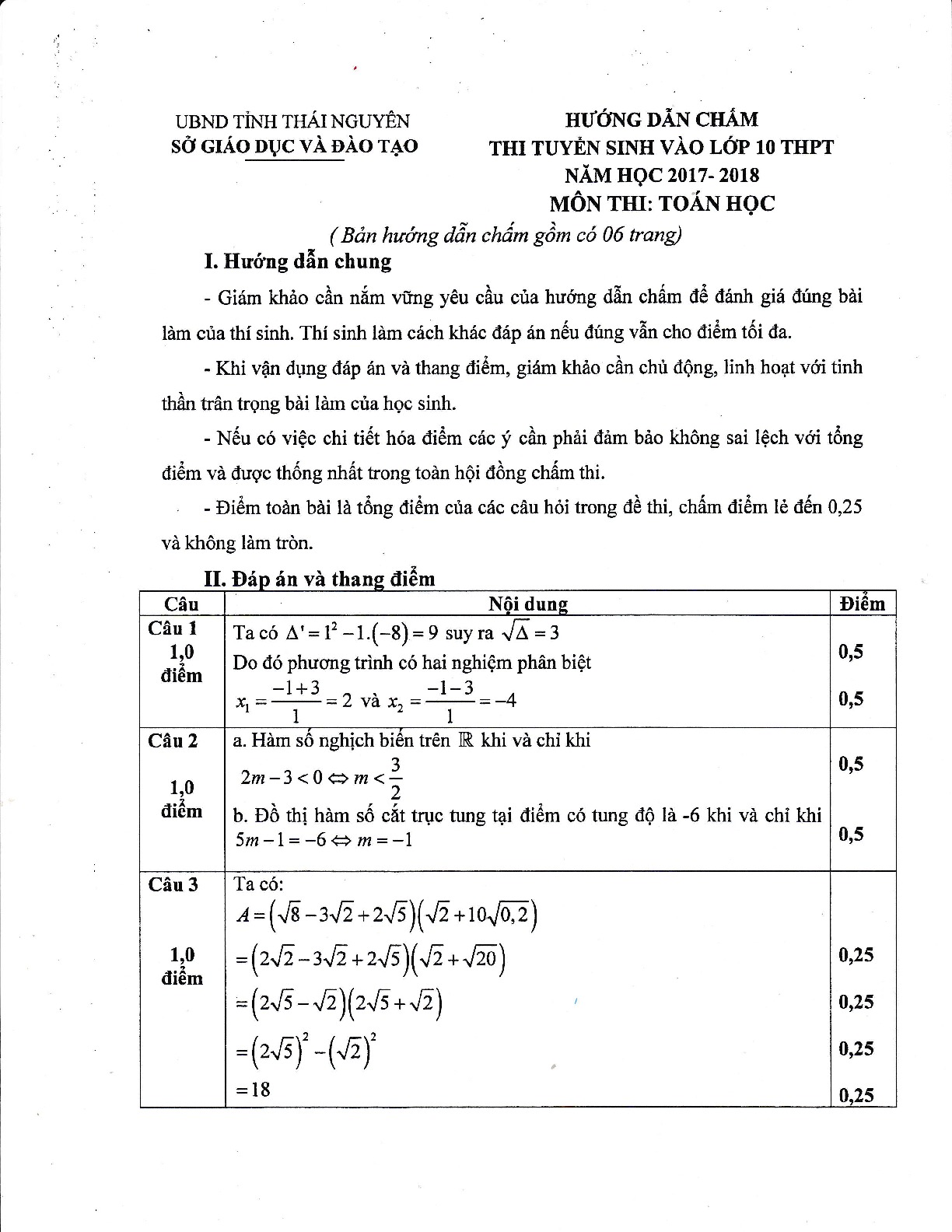 Đáp án đề thi vào 10 tỉnh Thái Nguyên năm 2017 - 2018