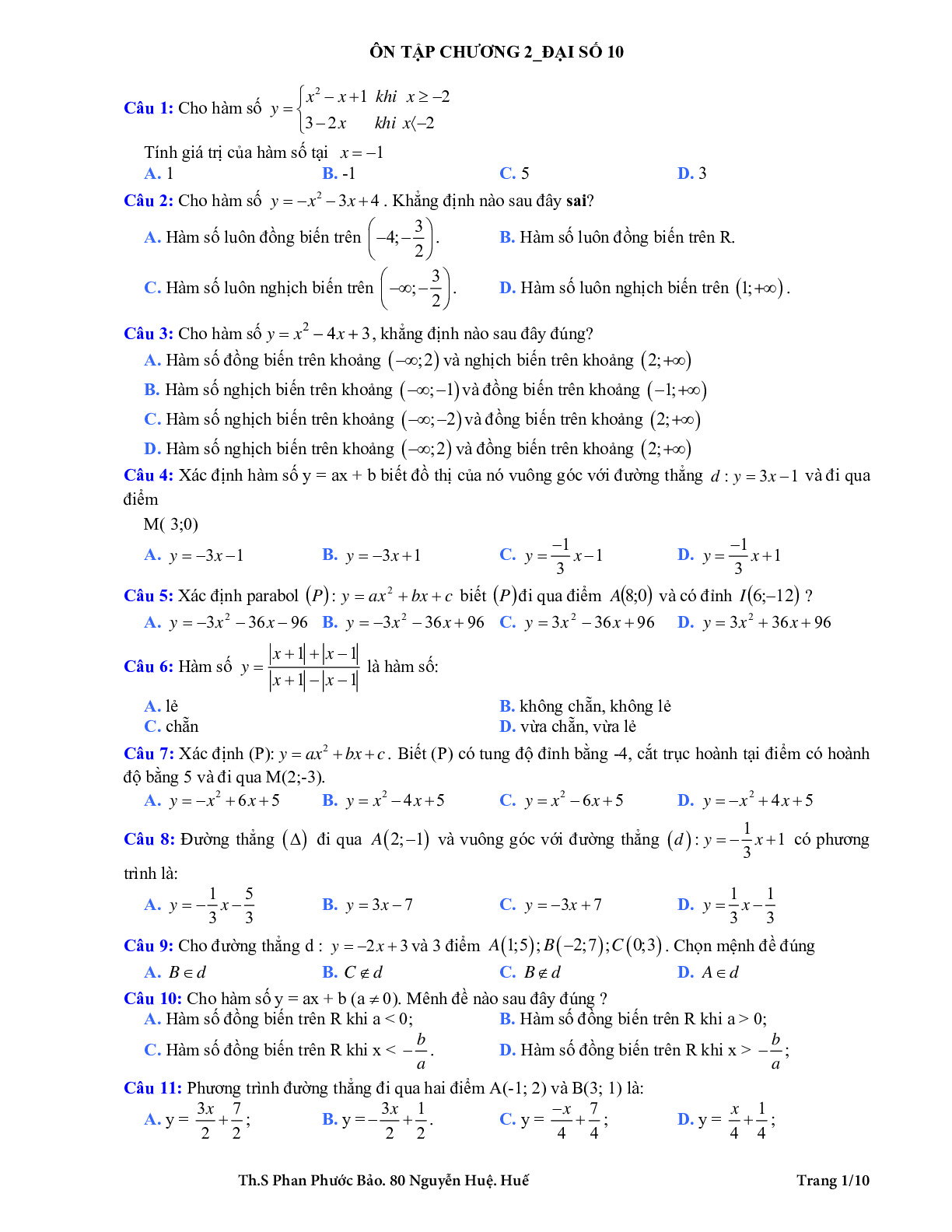 126 bài tập trắc nghiệm hàm số bậc nhất và hàm số bậc hai có đáp án – Phan Phước Bảo