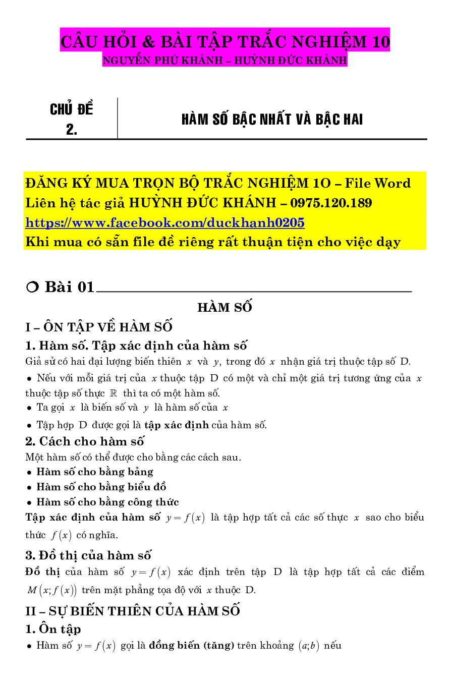 Chuyên đề hàm số bậc nhất và bậc hai – Huỳnh Đức Khánh