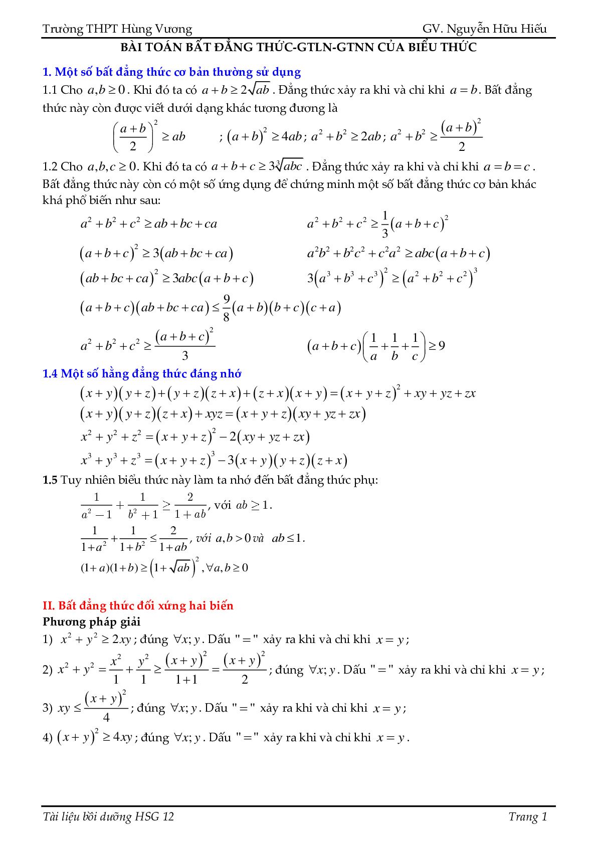 Bài toán bất đẳng thức – GTLN – GTNN của biểu thức – Nguyễn Hữu Hiếu