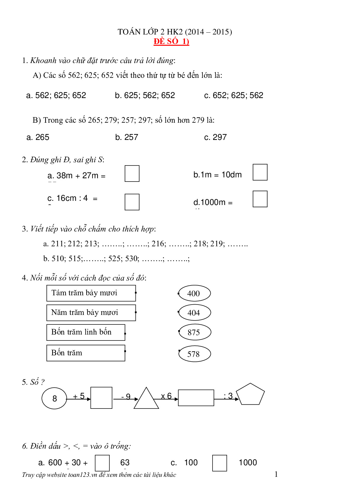 Bộ đề ôn tập học kì 1 môn toán lớp 2