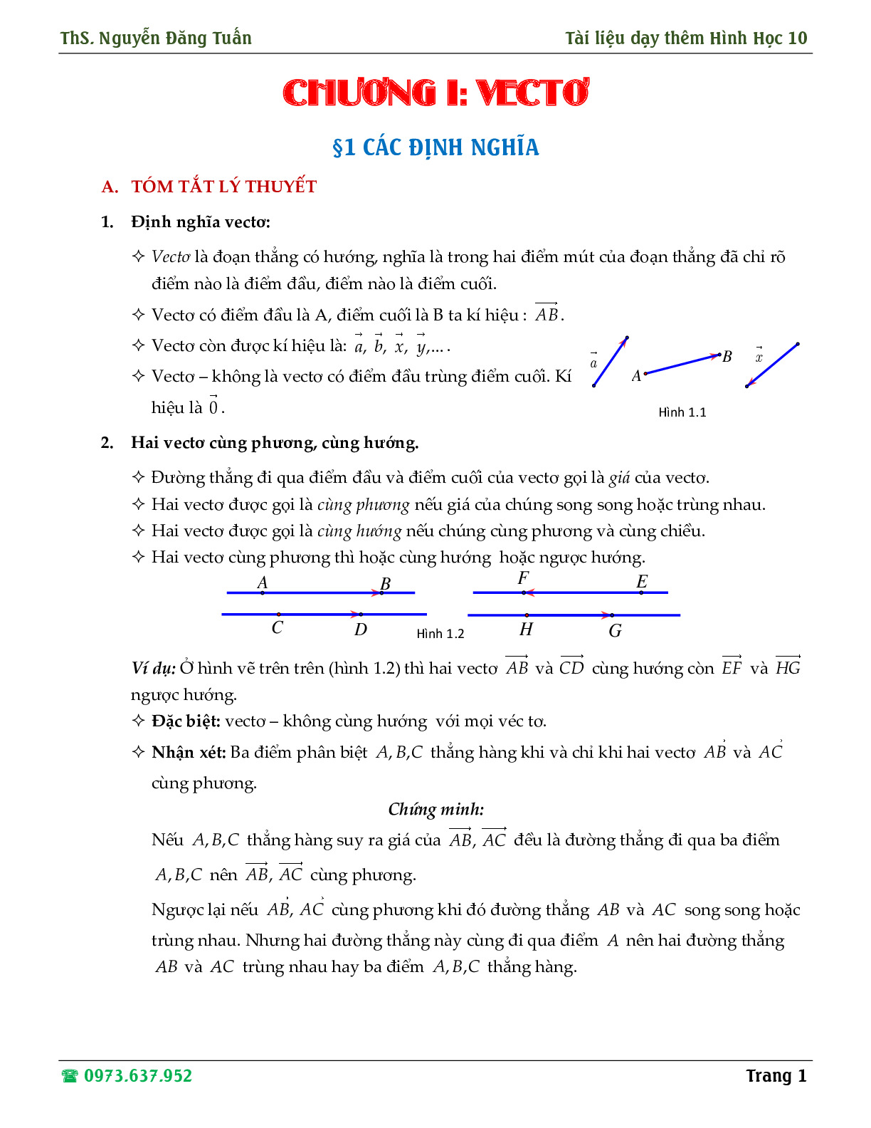 Toán 10 - Hướng dẫn giải các dạng toán về định nghĩa vector, tổng và hiệu hai vector – Nguyễn Đăng Tuấn