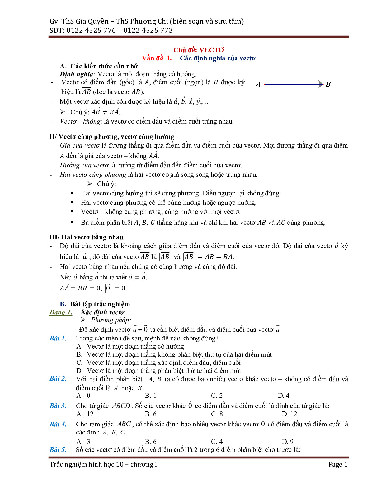 Toán 10 - Phân dạng và bài tập trắc nghiệm chuyên đề vector – Gia Quyền, Phương Chi