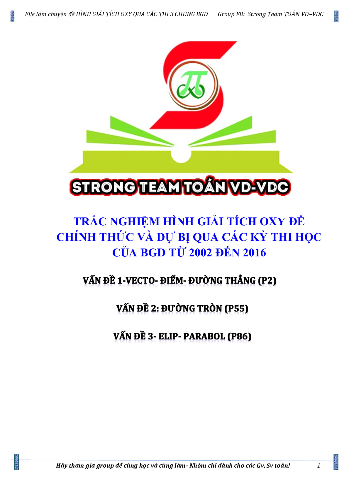 Toán 10 - Trắc nghiệm hình giải tích Oxy chính thức và dự bị qua các kỳ thi của BGD (2002 – 2016)